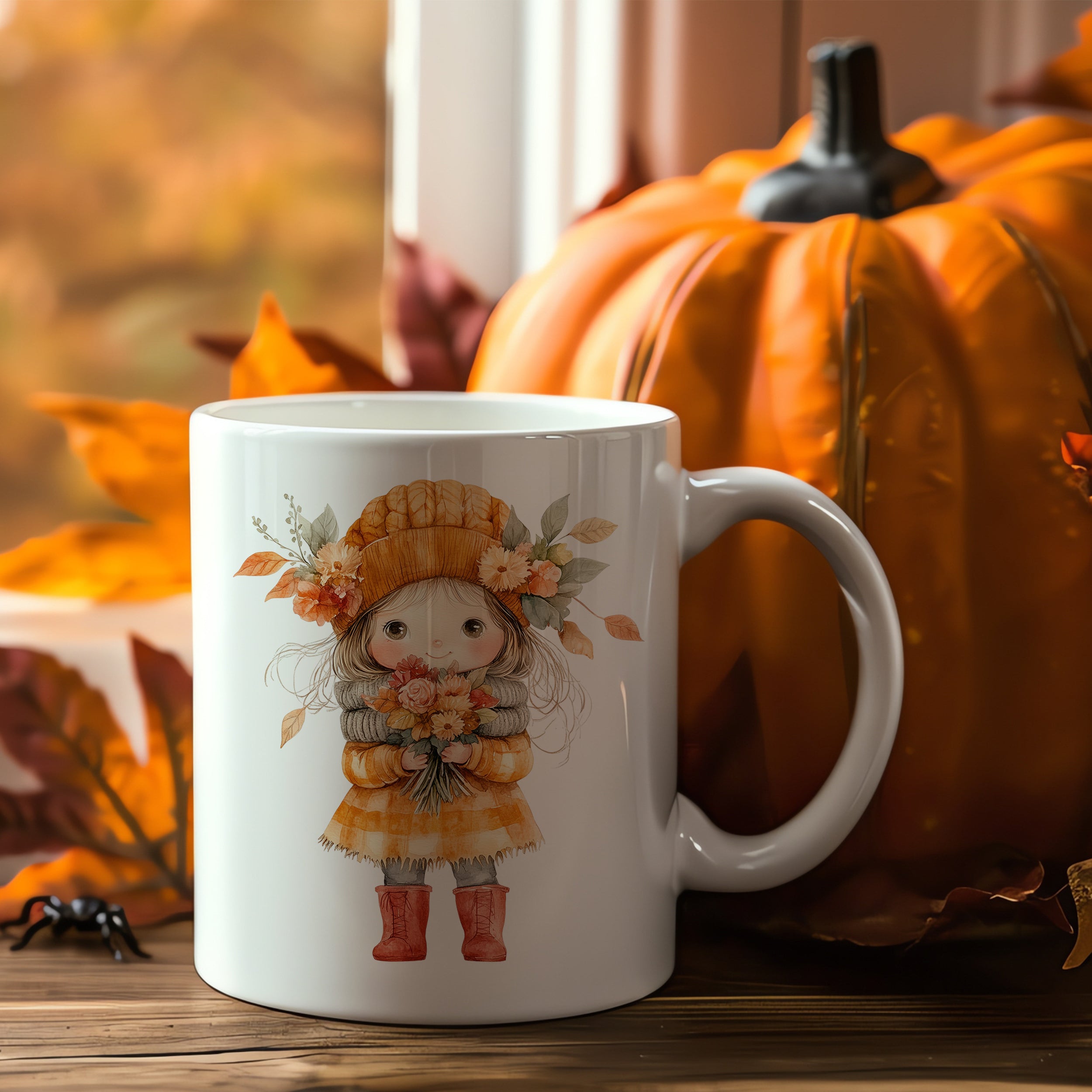 Tasse mit herbstlicher Mädchenillustration und orangefarbenem Hut.