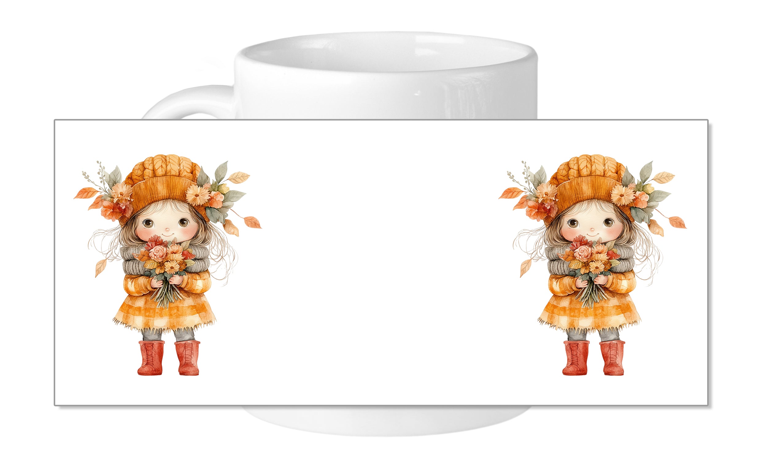 Tasse mit zwei niedlichen, orangefarbenen Mädchen im Herbstlook.