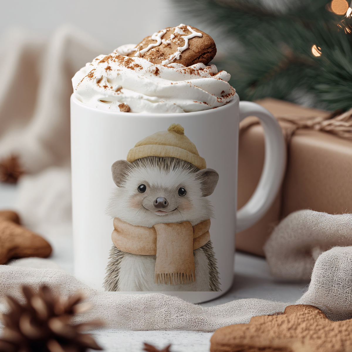 Tasse mit Igel-Motiv, weiß, mit Sahne und Plätzchen.