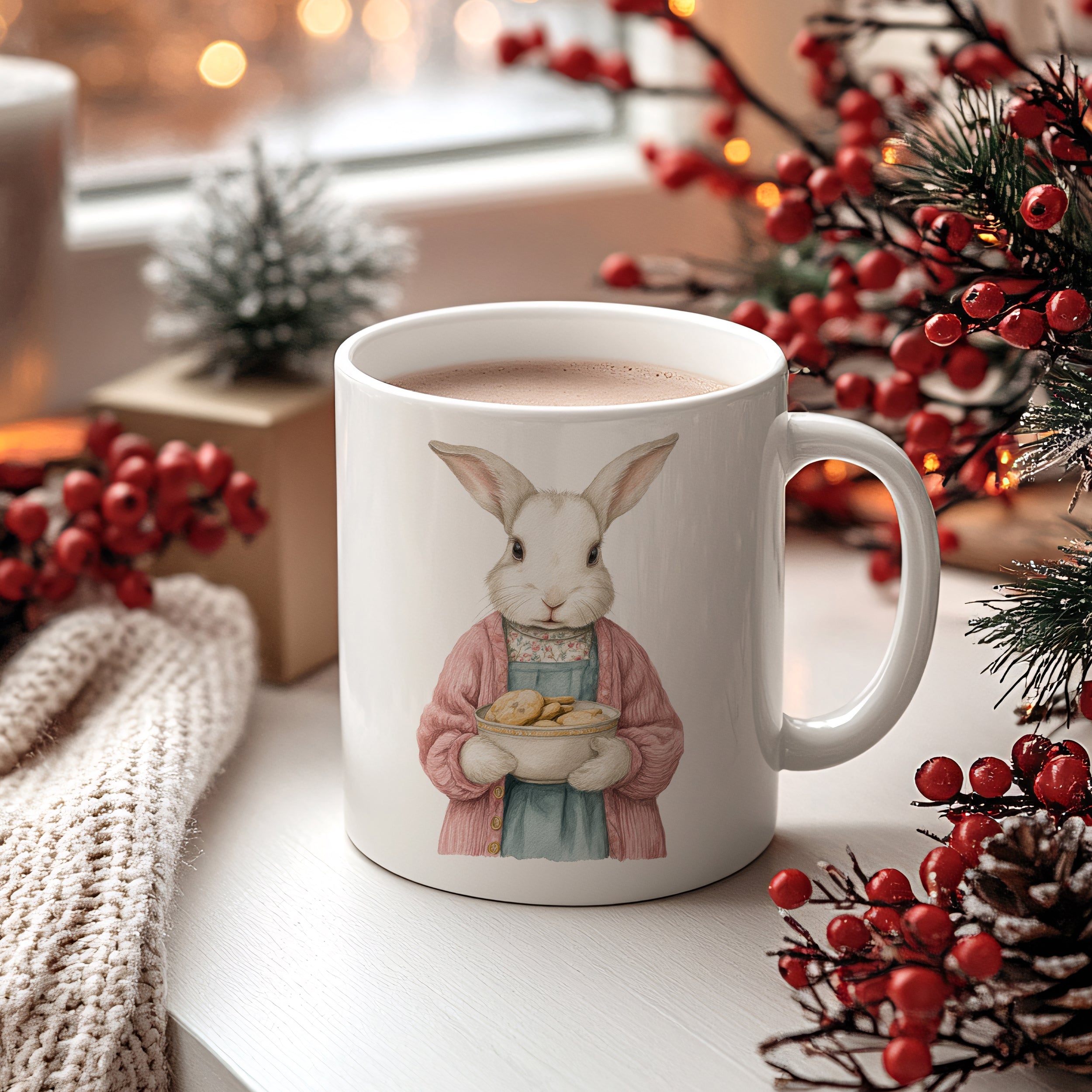 Kaffeetasse mit Hase in rosa Kleidung und Eiern.