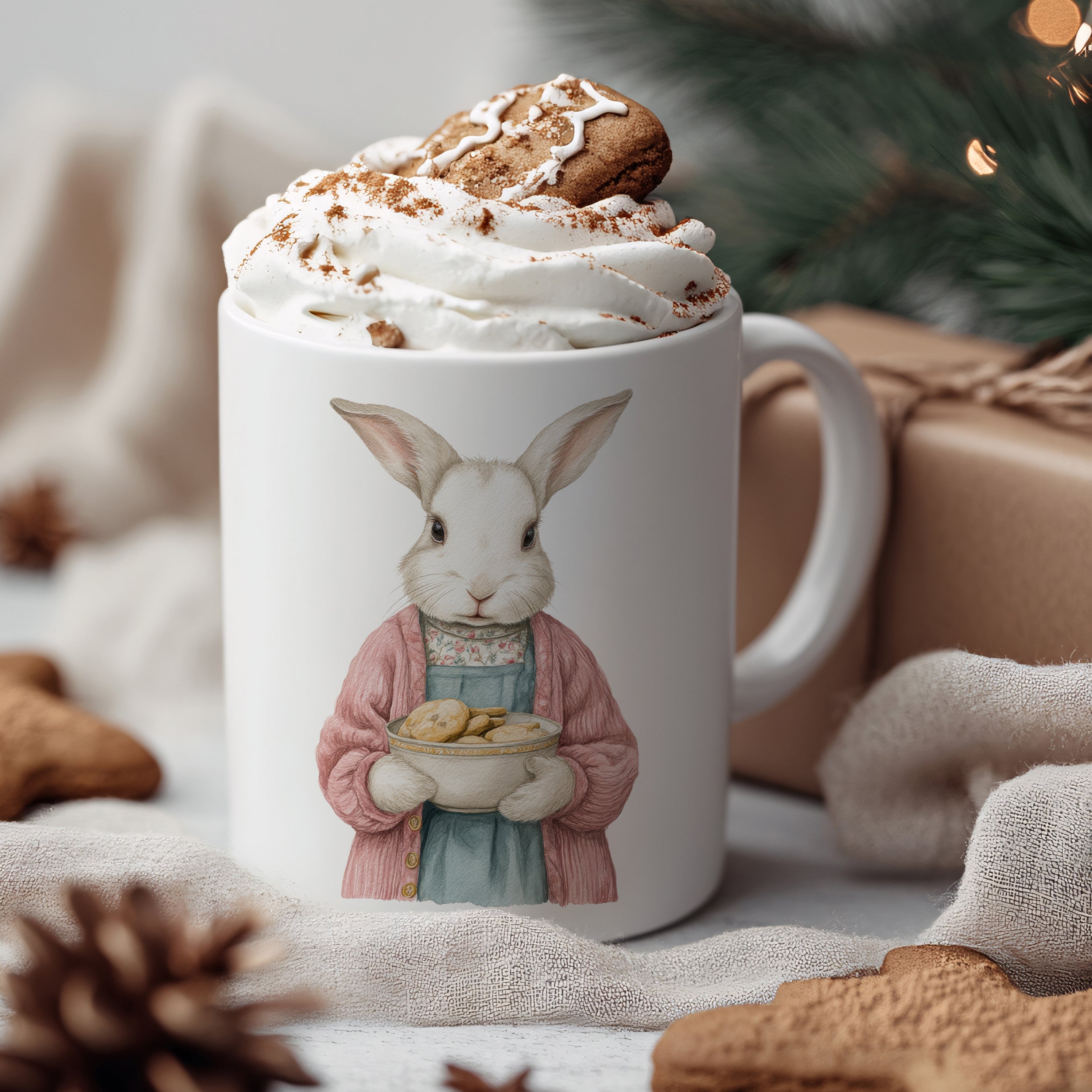 Tasse mit Kaninchenmotiv, rosa Kleidung und Keksen.