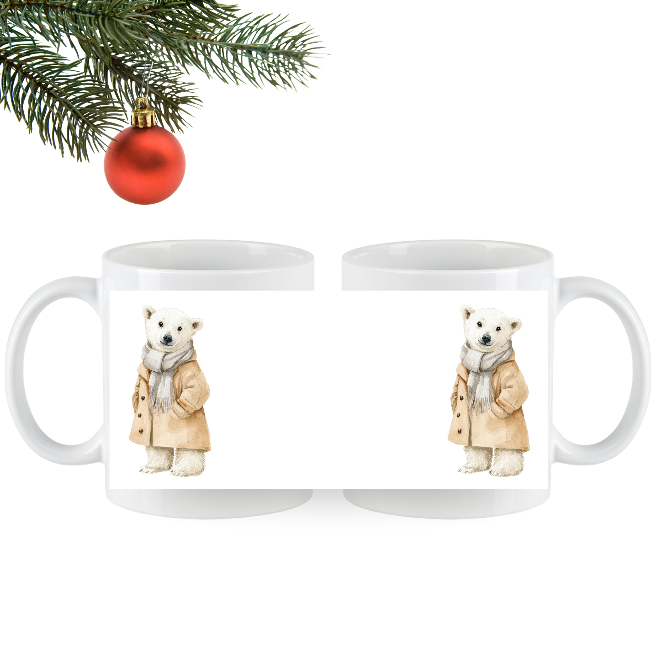 Weißer Becher mit einem Eisbären in beiger Jacke.