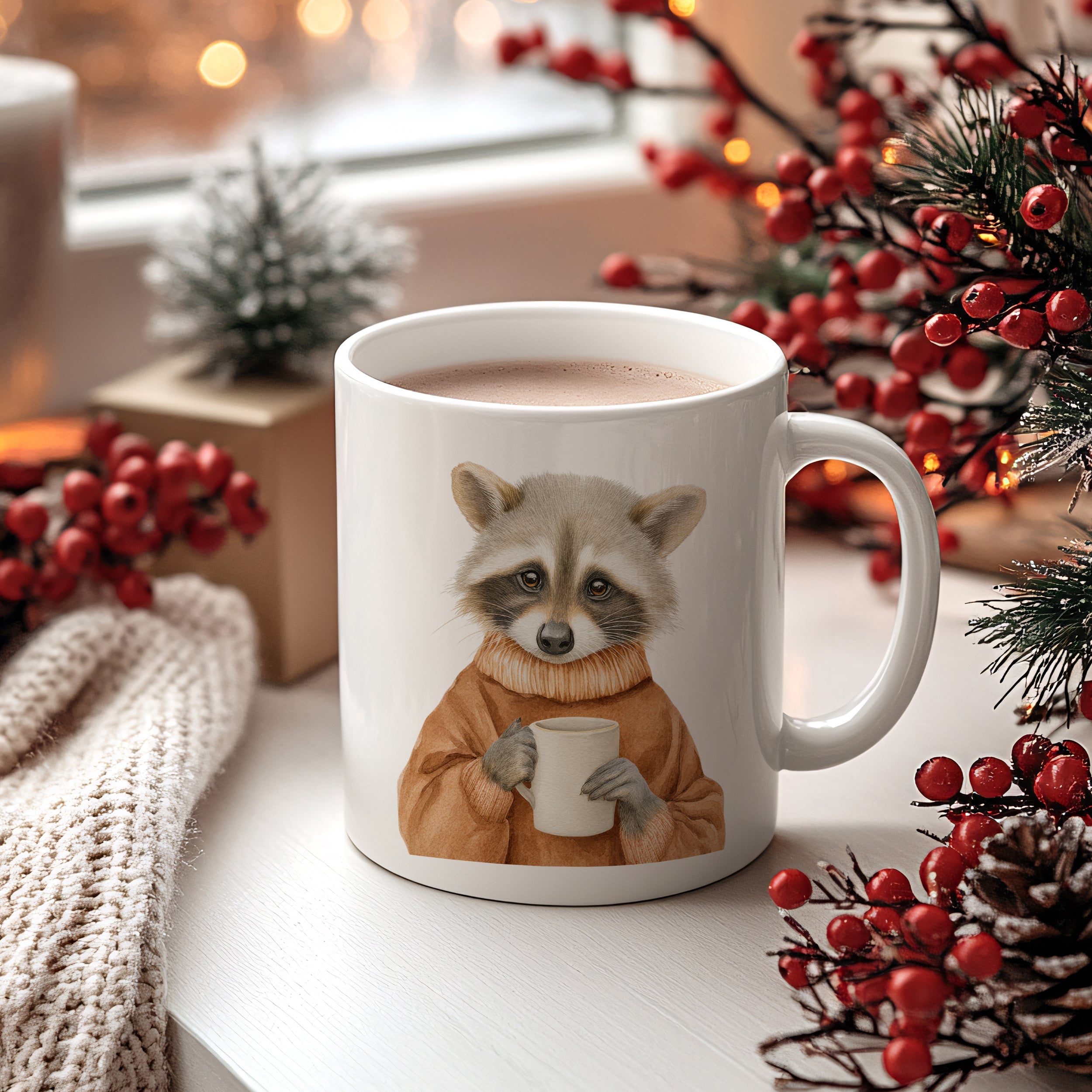 Tasse mit Waschbär-Illustration, weiß, warme Farben.