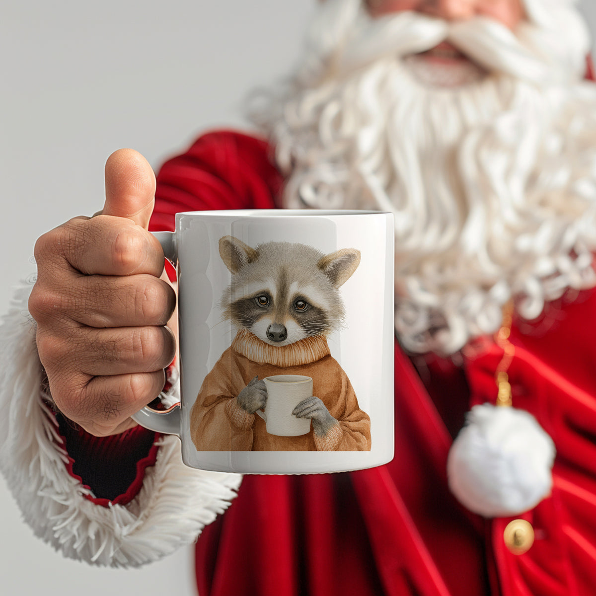 Tasse mit Waschbär-Motiv in warmen Farben.
