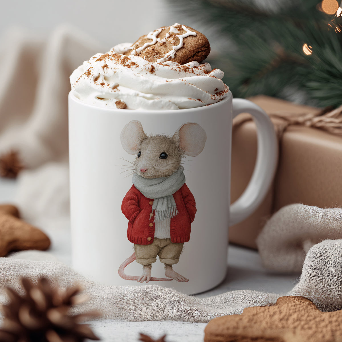 Tasse mit niedlicher Maus in rotem Mantel und Sahne.