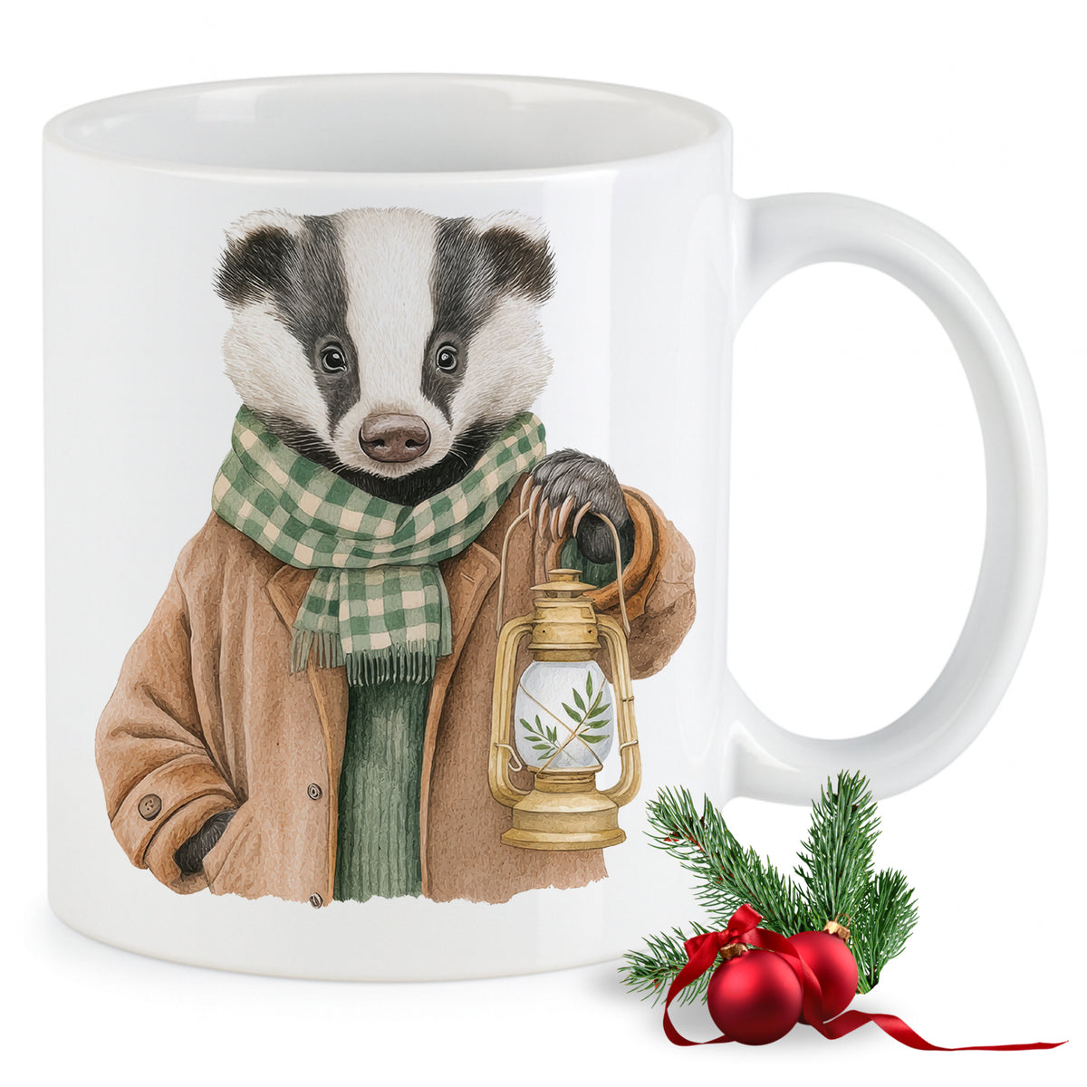 Tasse mit Dachs, grüner Schal und Laterne.