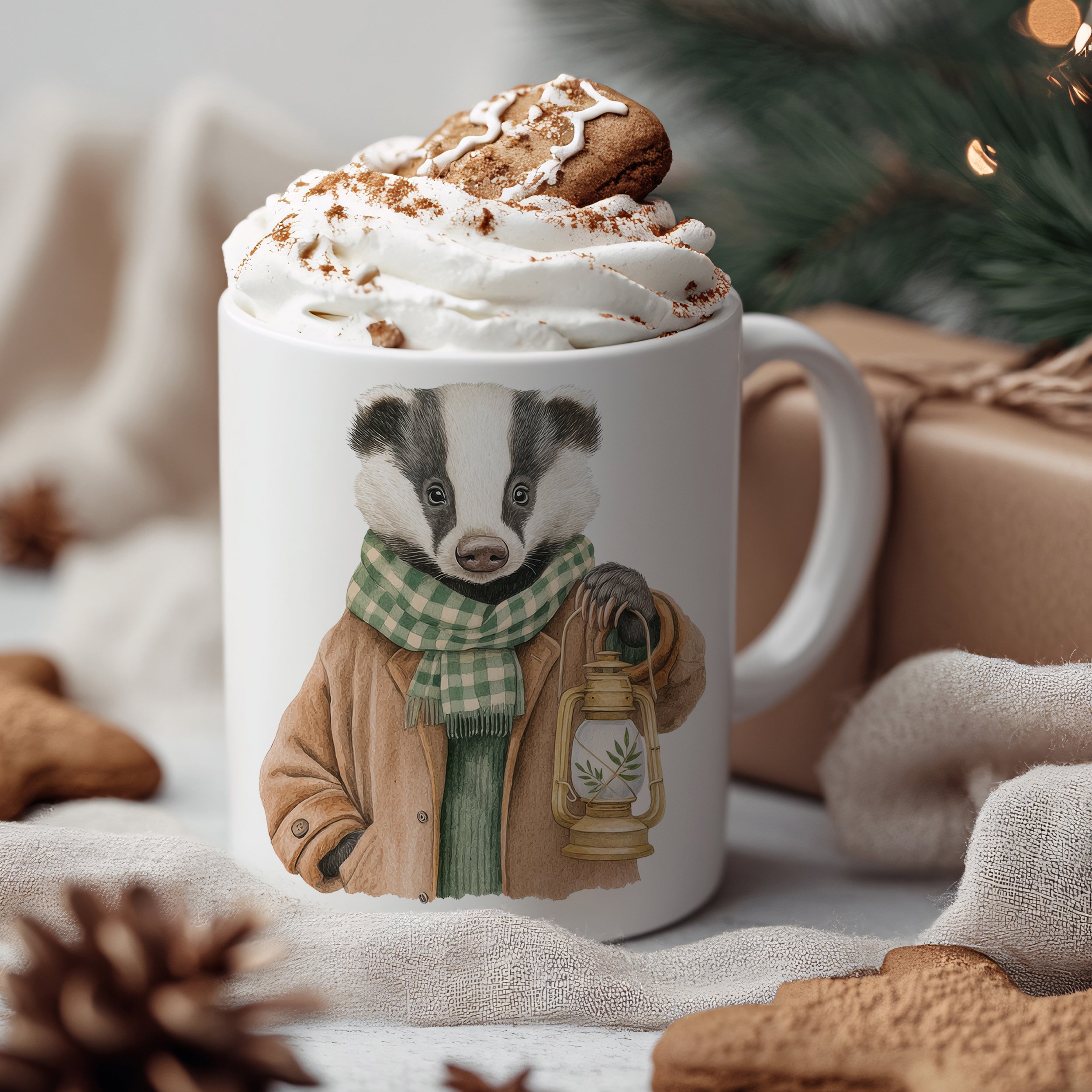 Tasse mit Dachs-Motiv, grüne Schals und Keks.