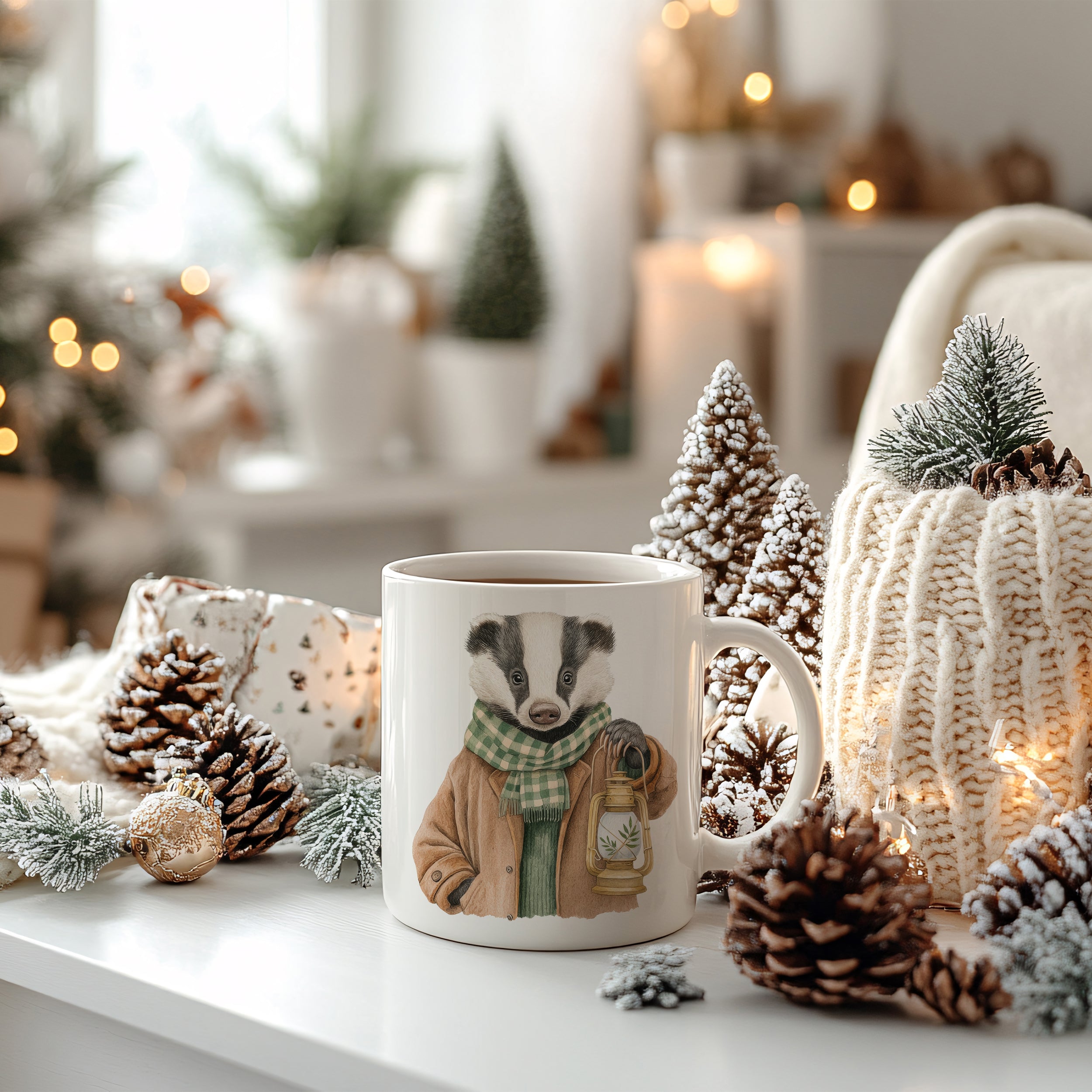 Tasse mit Dachs-Motiv, beige, winterliche Dekoration.