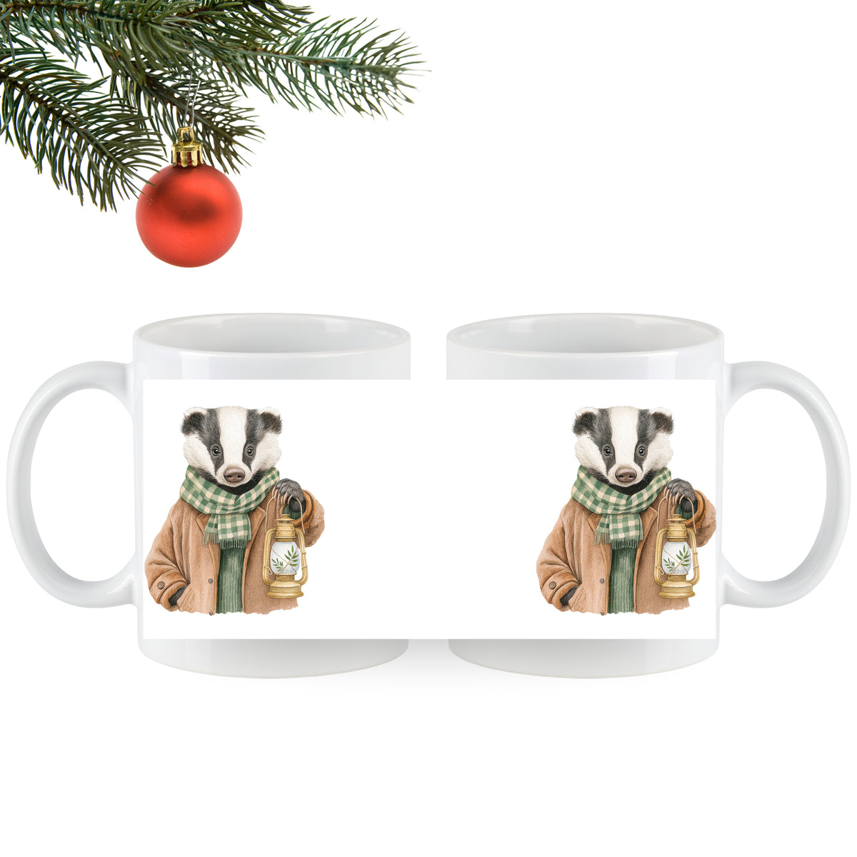Tasse mit Dachs, brauner Jacke und Laterne, weiß.