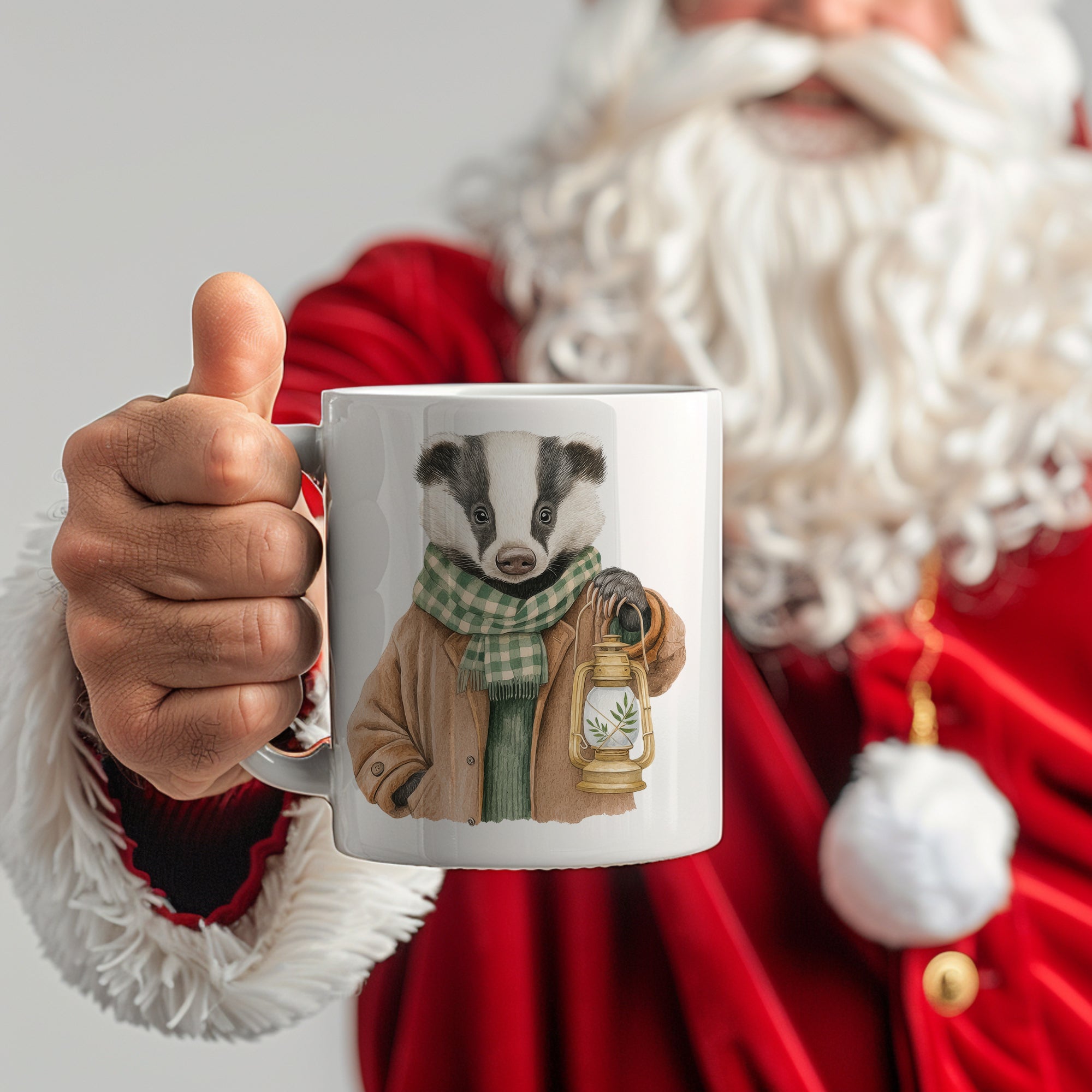 Tasse mit einem Dachs in Jacke und Laterne.