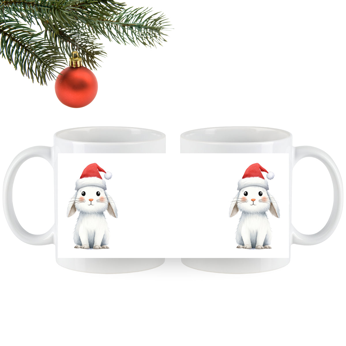 Weißer Kaffeebecher mit Weihnachtskaninchen und rotem Hut.