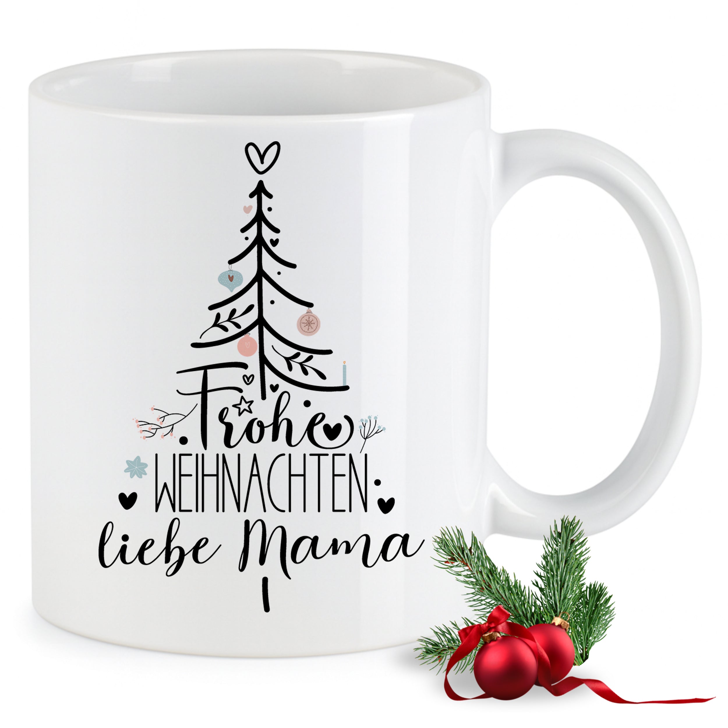 Weiße Tasse mit Weihnachtsbaum und Schriftzug "Frohe Weihnachten, liebe Mama".