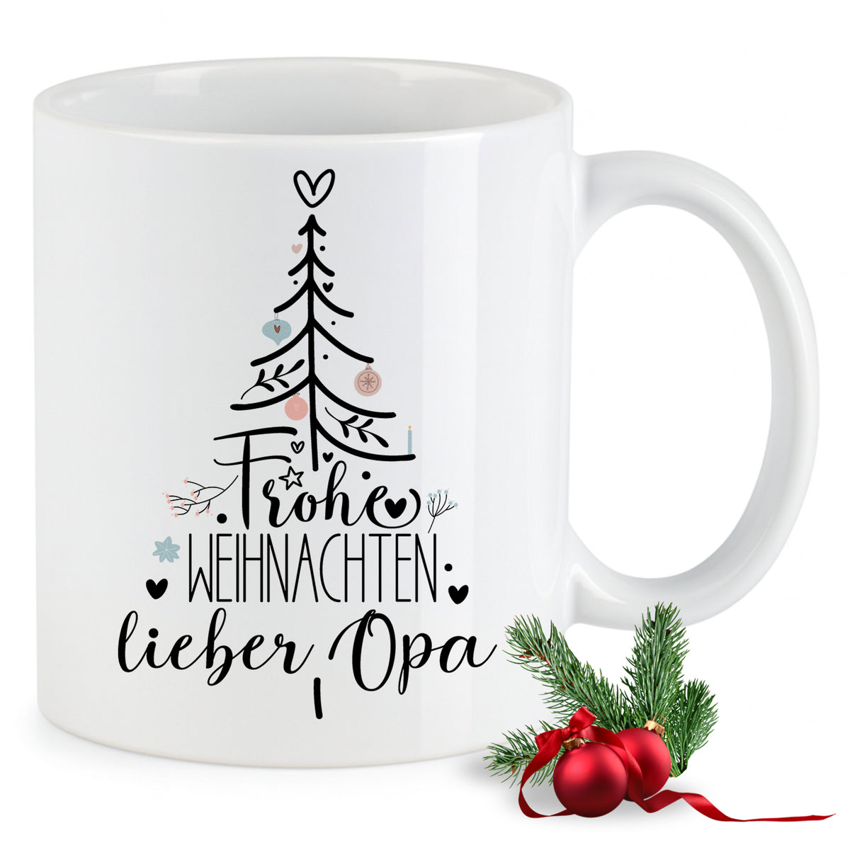 Weißer Becher mit Weihnachtsbaum und "Frohe Weihnachten, lieber Opa"