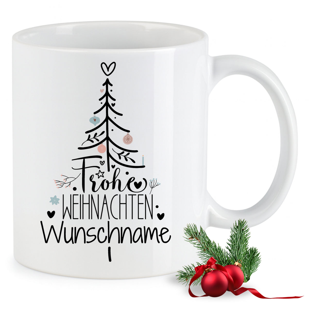 Weiße Tasse mit Weihnachtsbaum und "Frohe Weihnachten" Schriftzug.