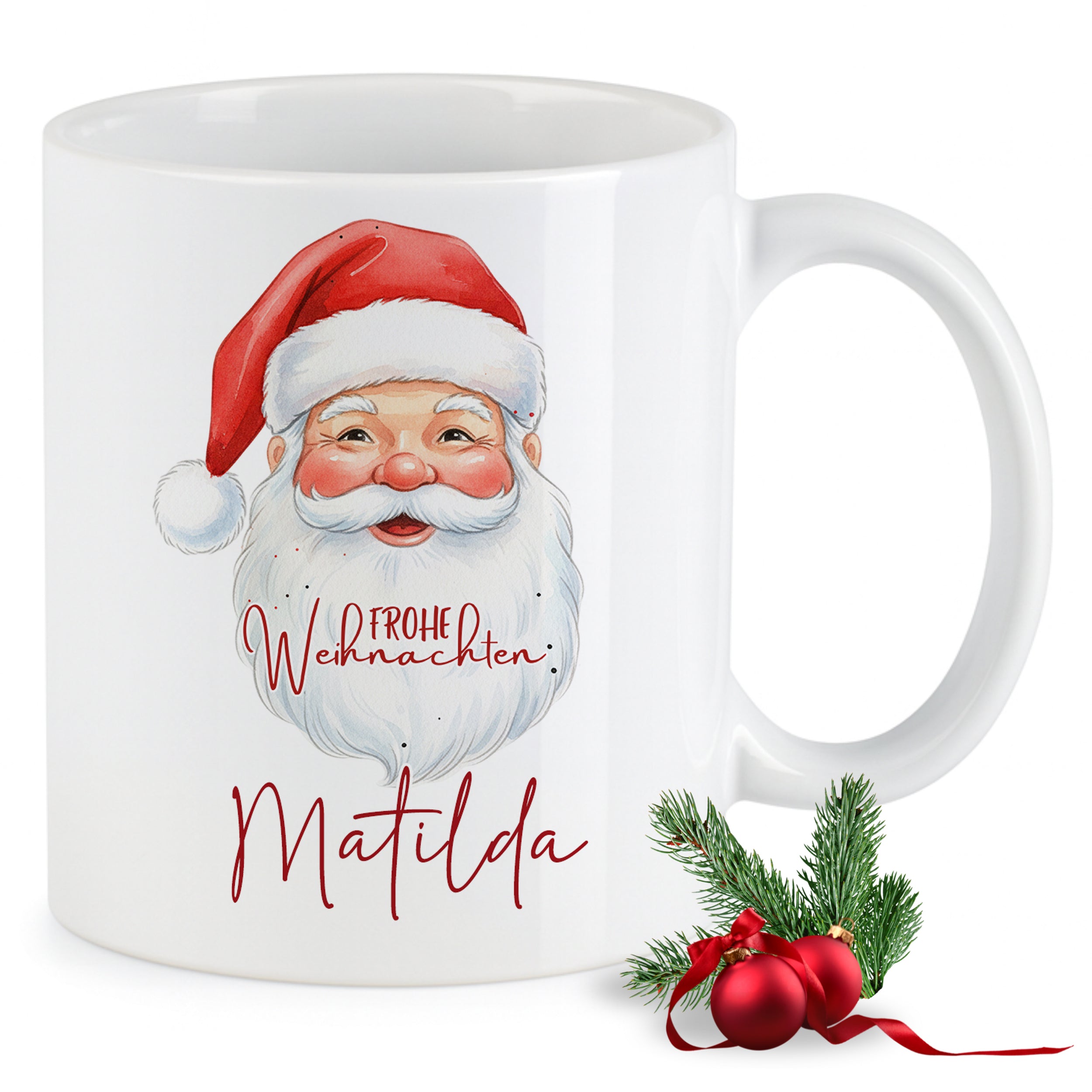Weißer Becher mit Weihnachtsmann und personalisiertem Namen Matilda.