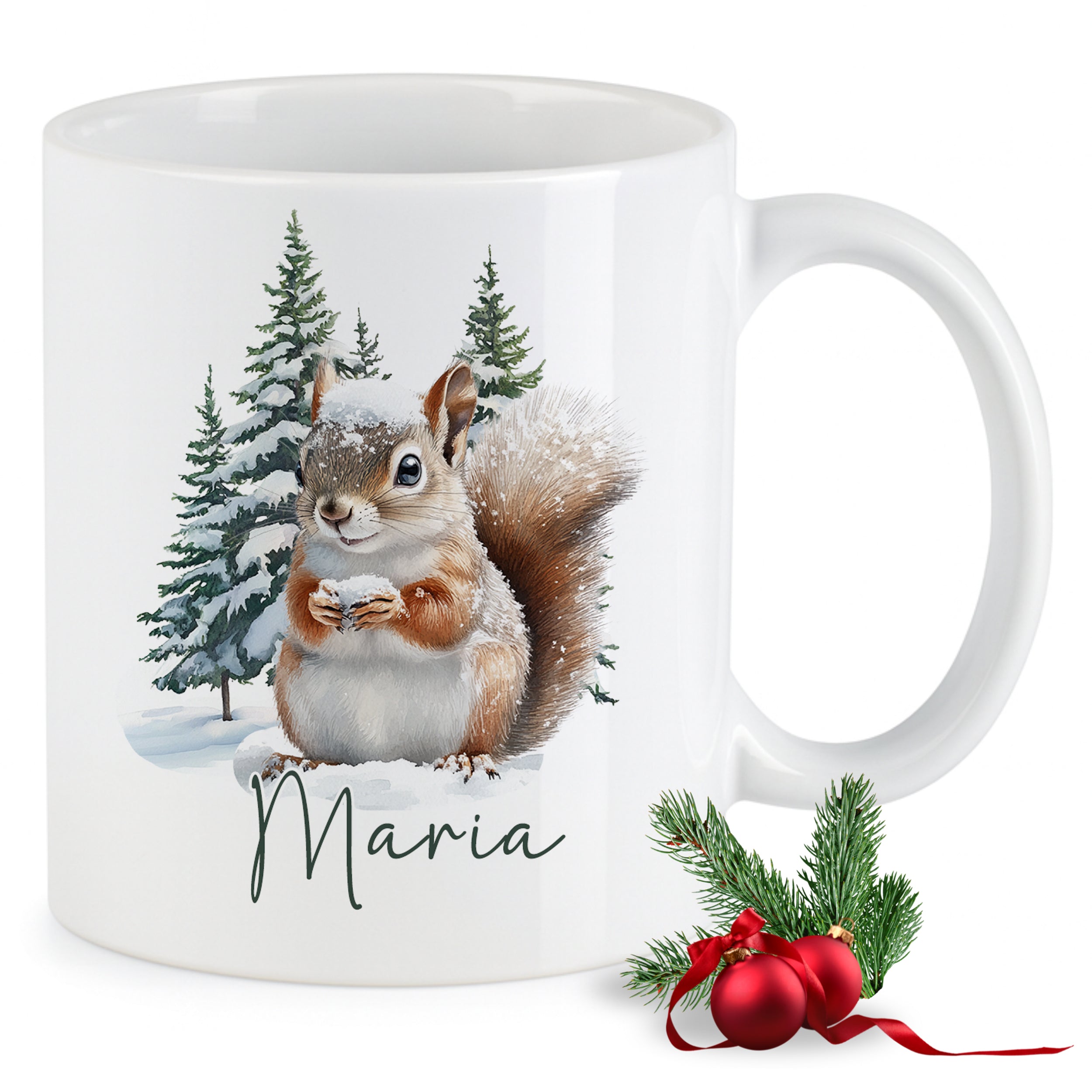 Weißer Becher mit Eichhörnchen und personalisiertem Namen Maria.