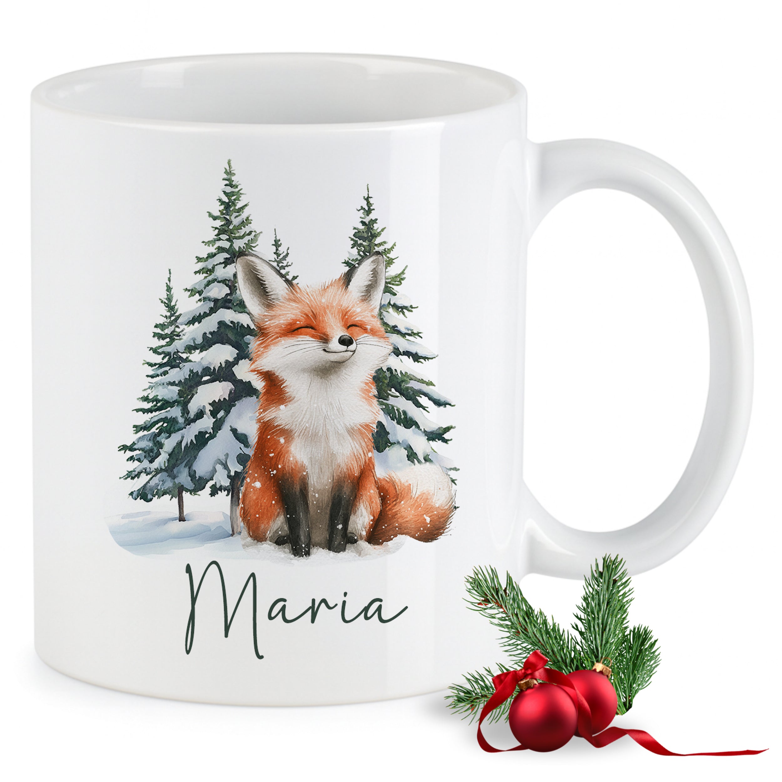 Weißer Becher mit rotem Fuchs und Weihnachtsbaum.