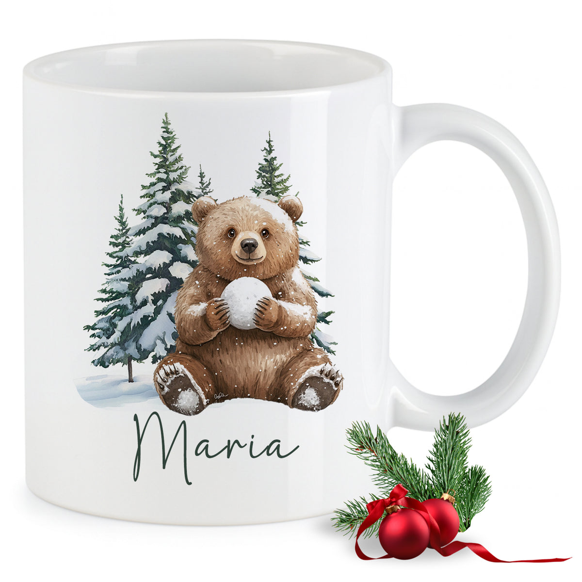 Weißer Becher mit Bärenmotiv und Weihnachtsbaum, personalisiert mit "Maria".