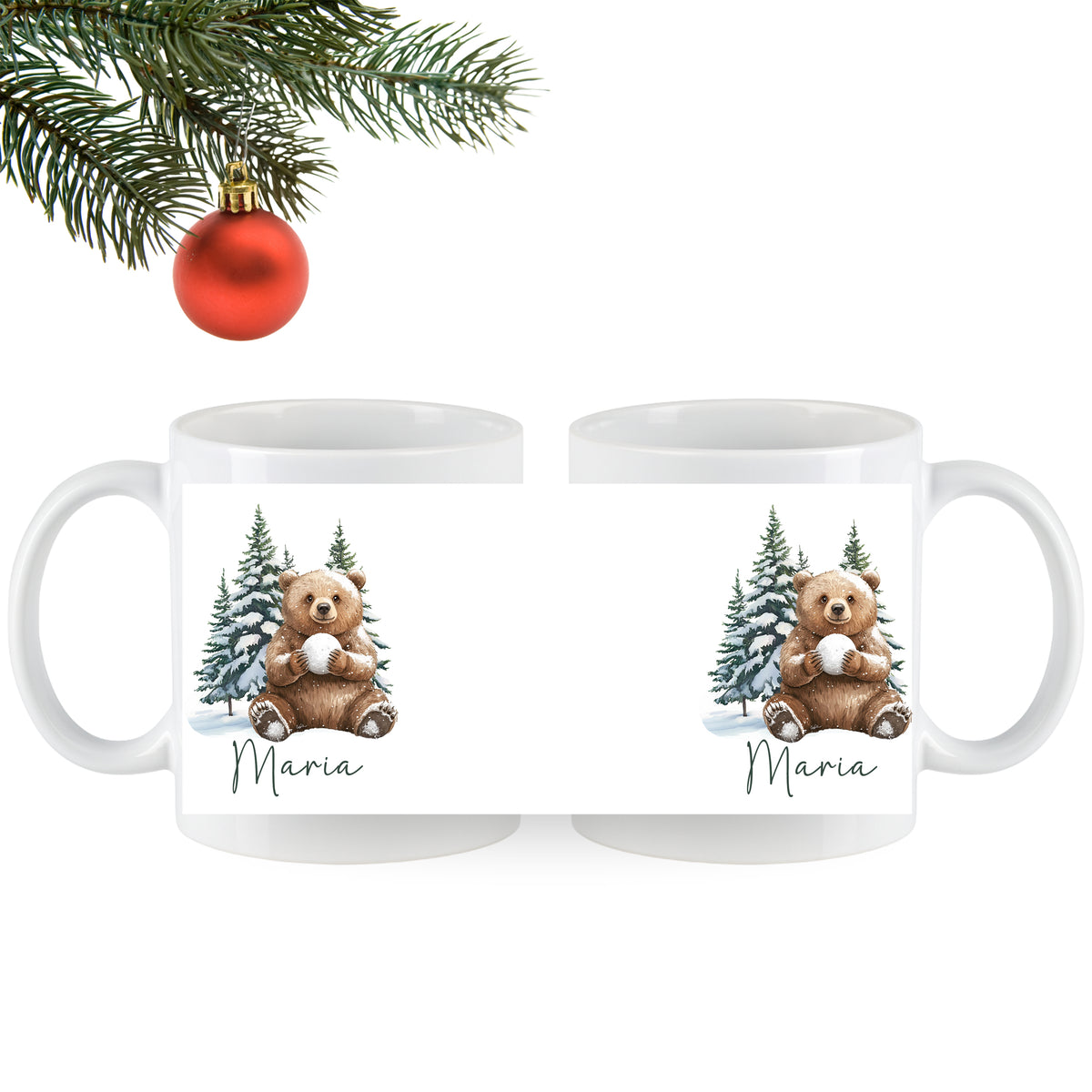 Weiße Tasse mit Bär und Weihnachtsbaum, personalisiert mit "Maria".