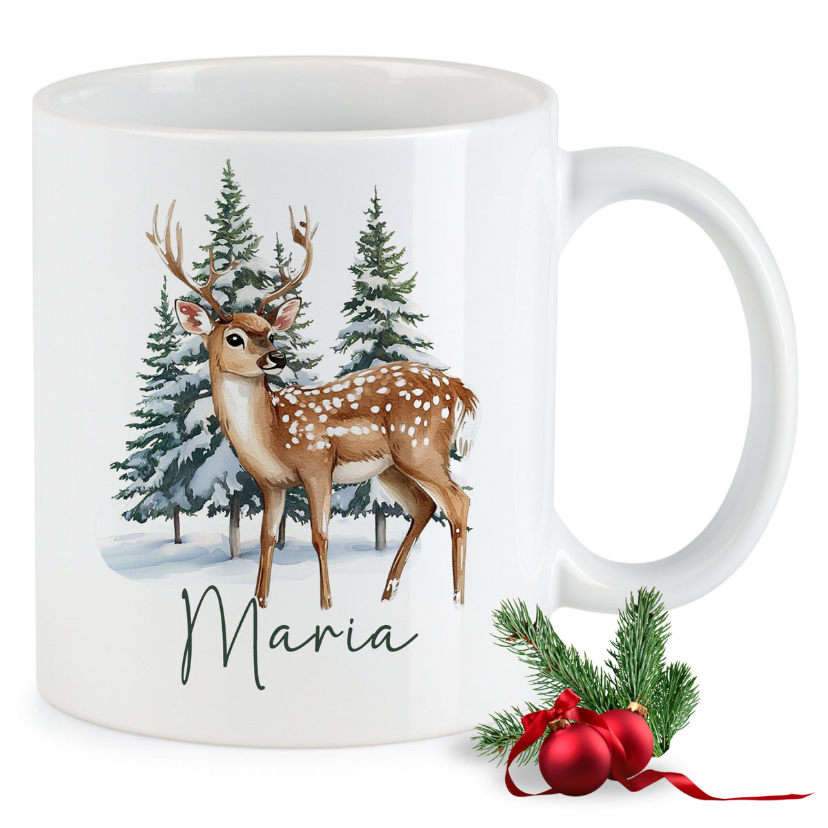 Weißer Becher mit Reh-Motiv und Namen "Maria".
