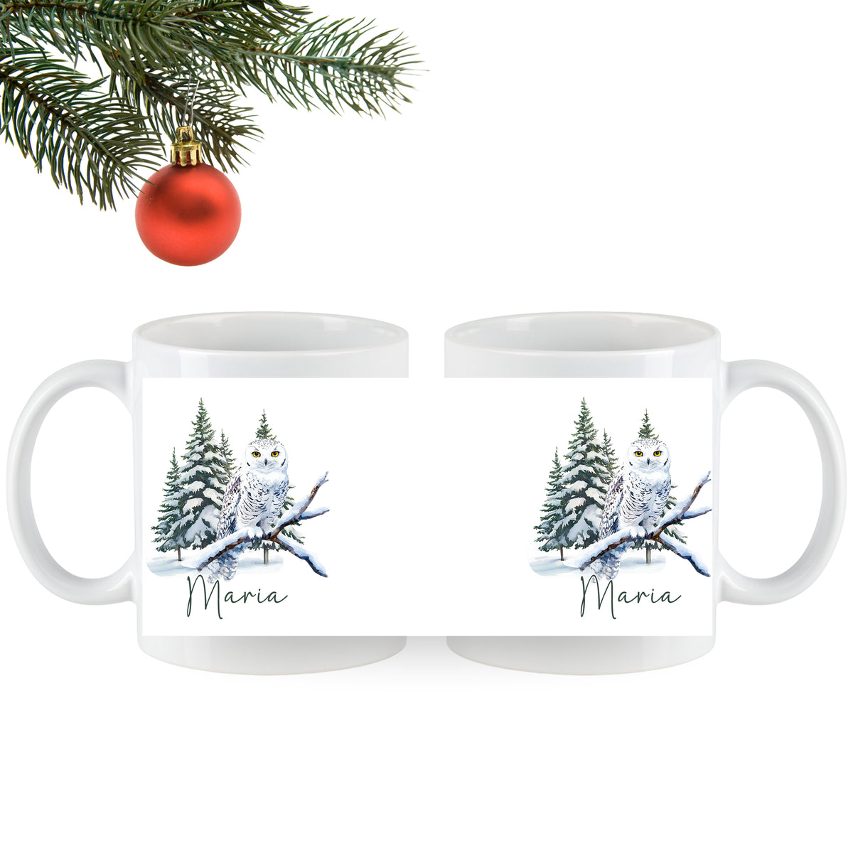 Weiße Tassen mit Eule, Weihnachtsbaum und Name Maria.