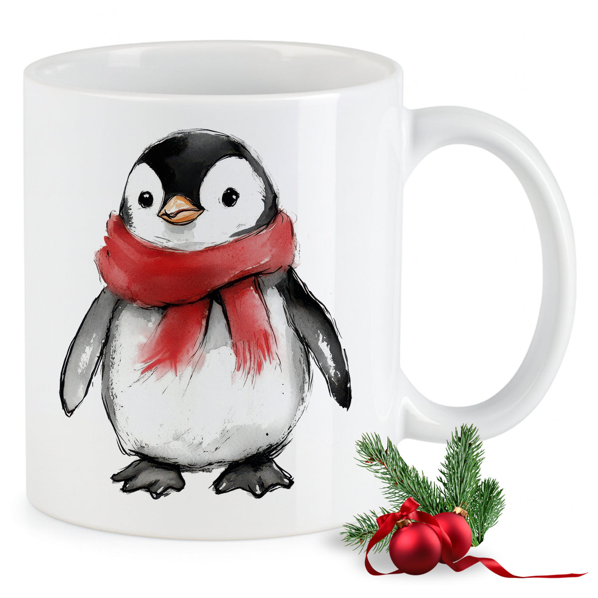 Weißer Becher mit Pinguin und rotem Schal.