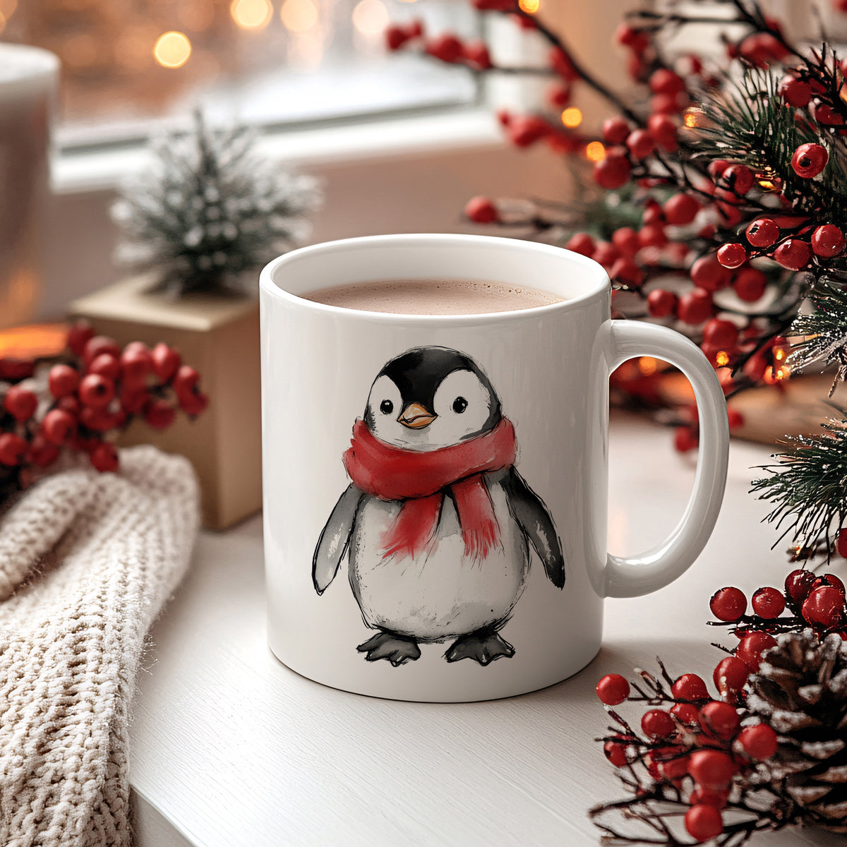 Kaffeetasse mit Pinguin-Motiv und rotem Schal.