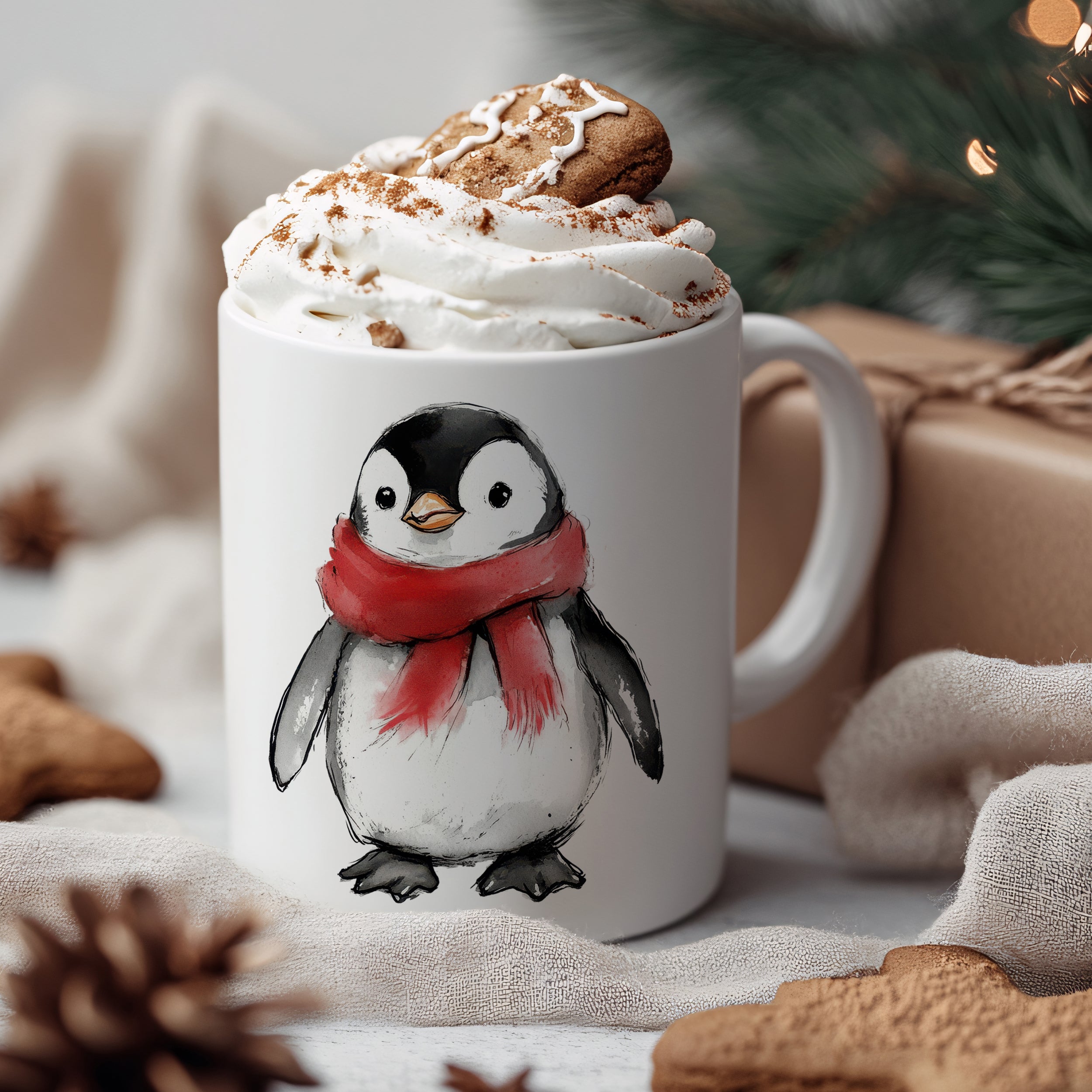 Tasse mit Pinguin-Motiv und rotem Schal, Sahnehaube.
