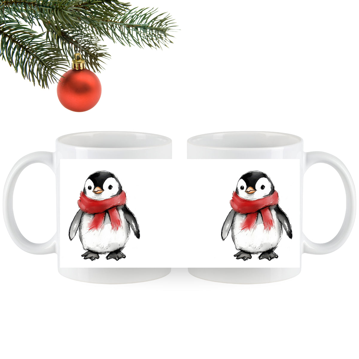 Tasse mit Pinguin-Motiv und rotem Schal.