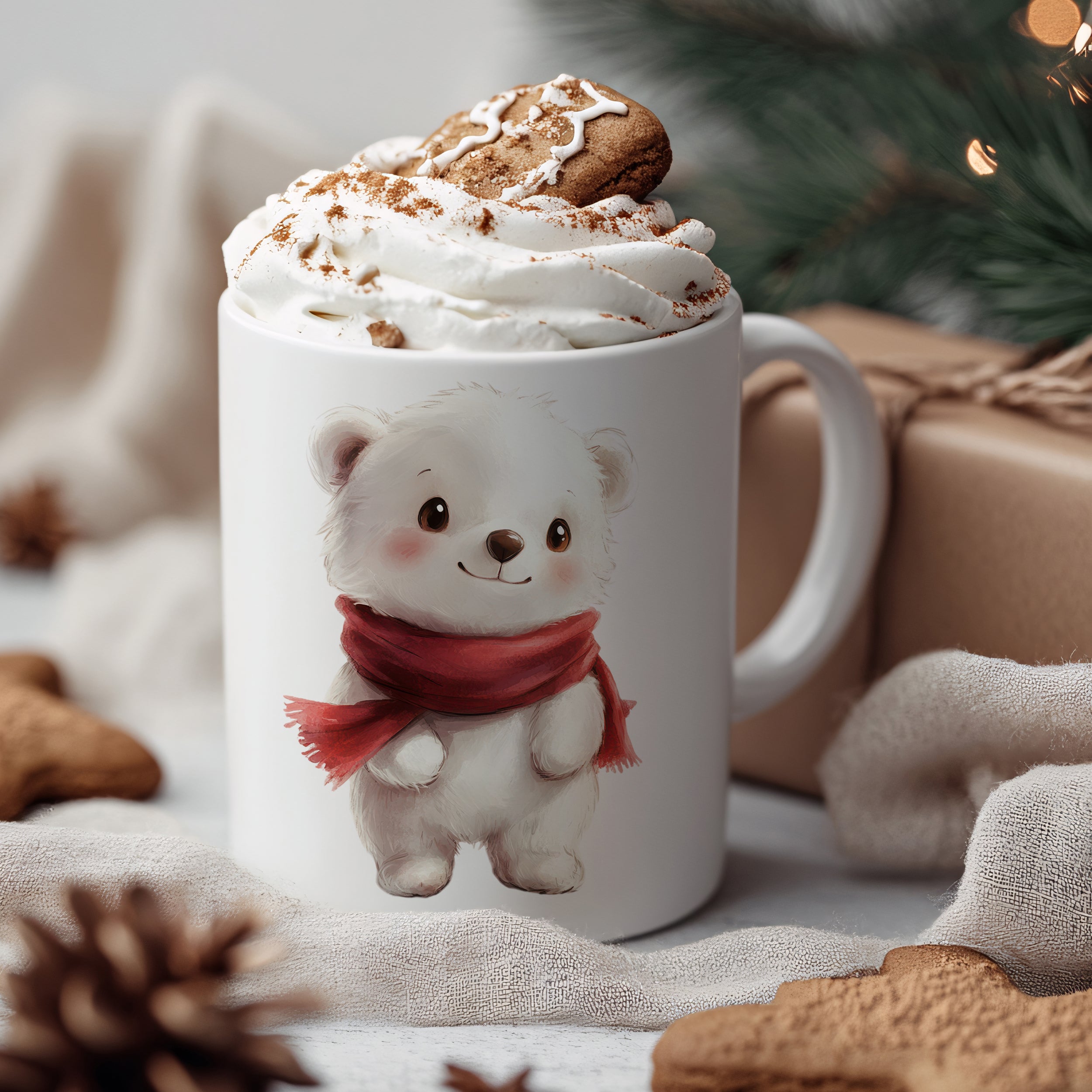 Tasse mit süßem Eisbären-Motiv, Sahne und Lebkuchen.
