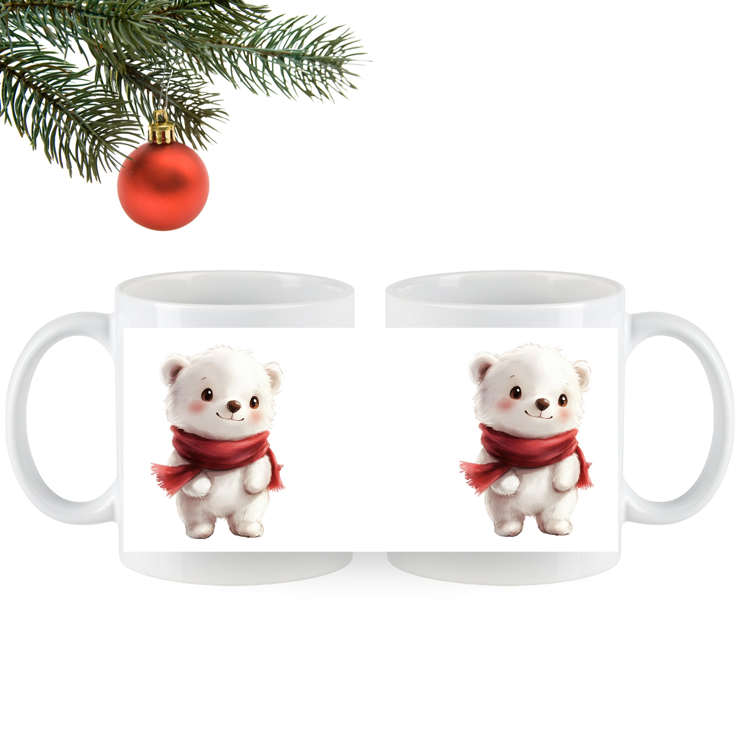 Weiße Tasse mit niedlichem Eisbären und rotem Schal.