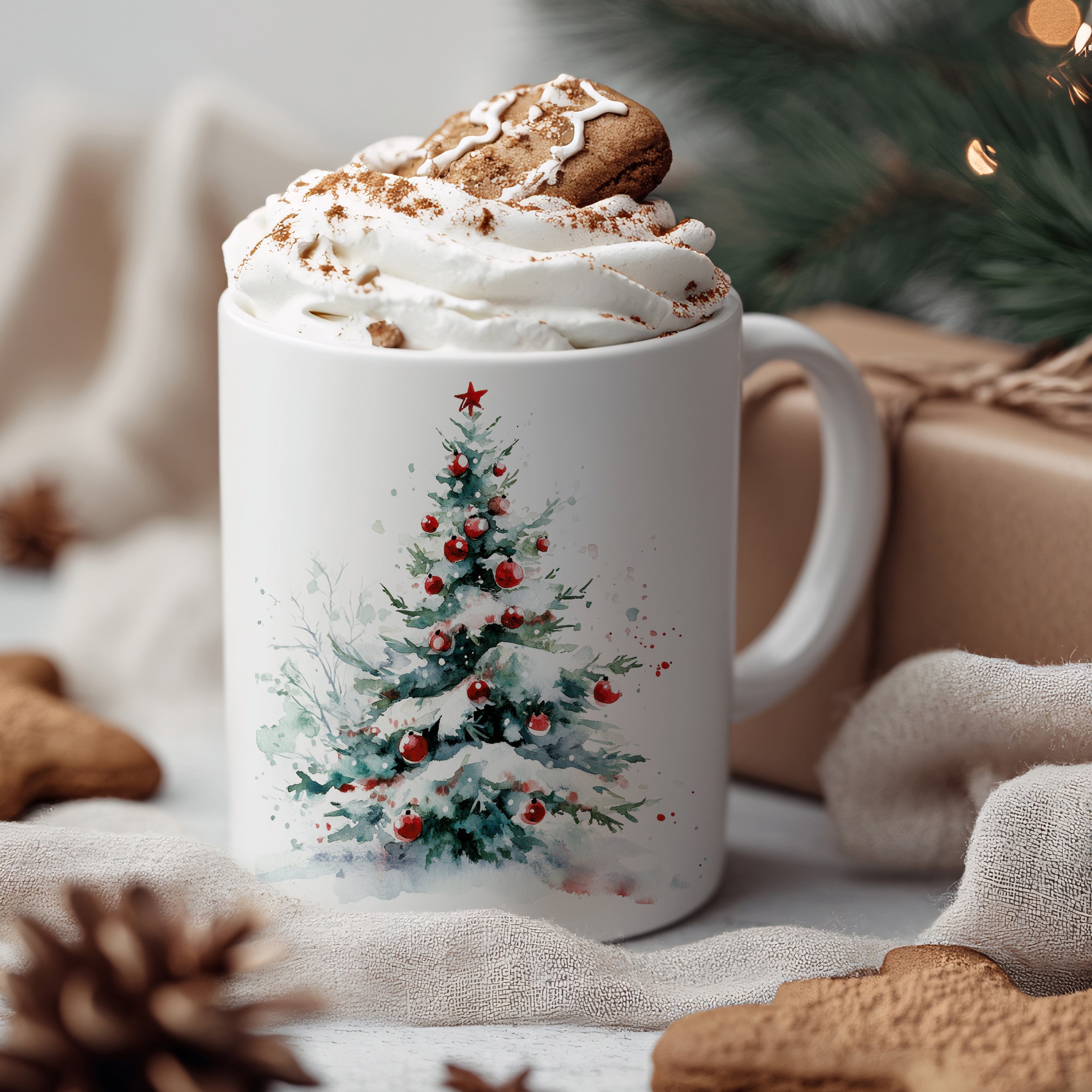 Weißer Becher mit Weihnachtsbaum-Motiv und Sahnehaube.
