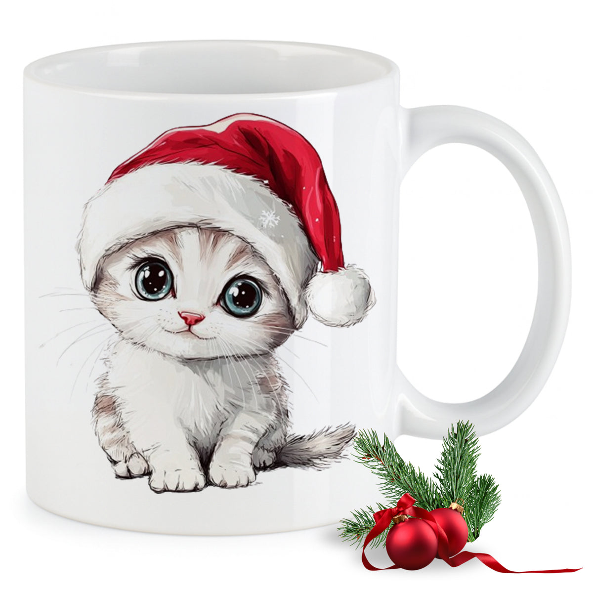 Kaffeetasse mit niedlichem Kätzchen und Weihnachtsmütze.