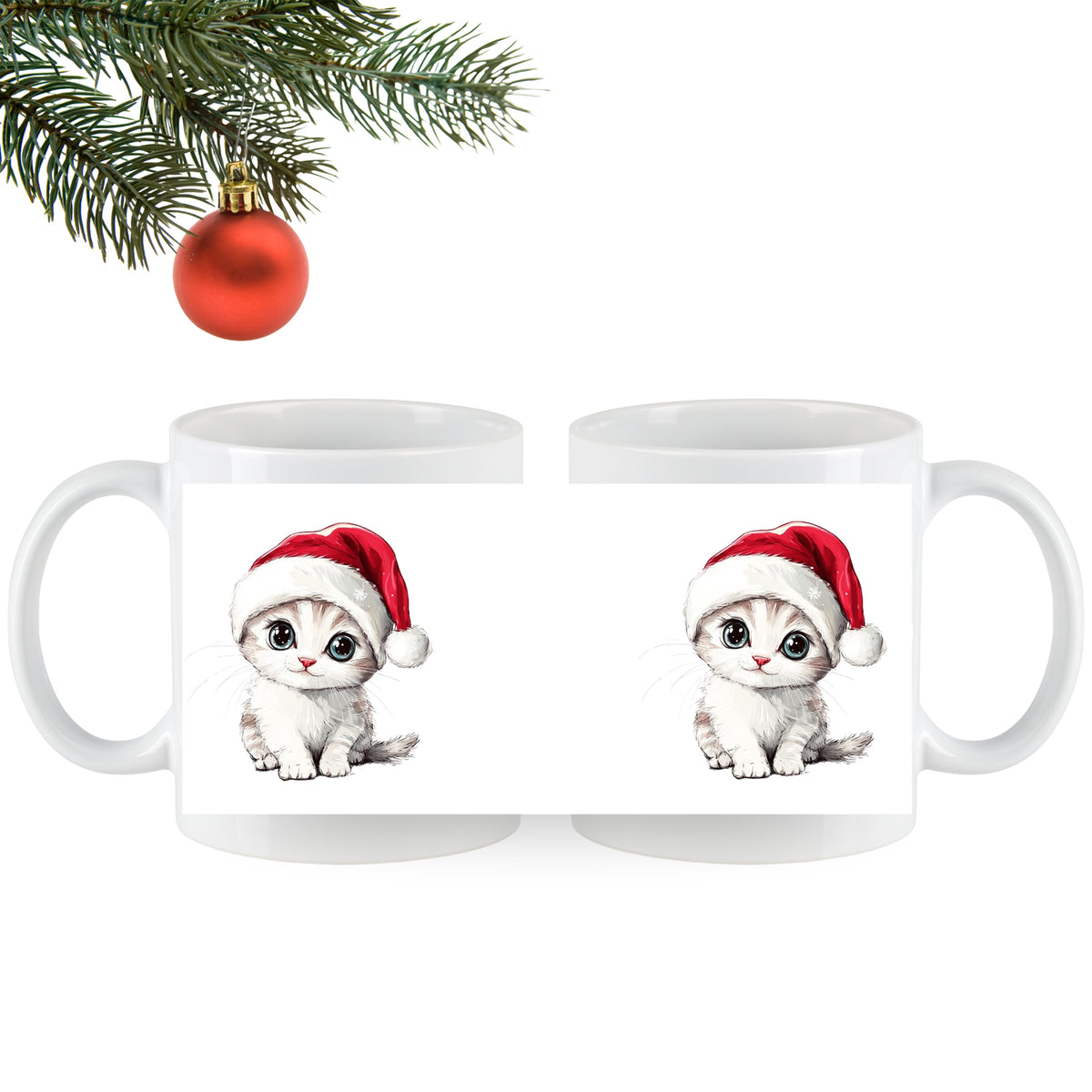Tasse mit süßem Kätzchen in Weihnachtsmütze.