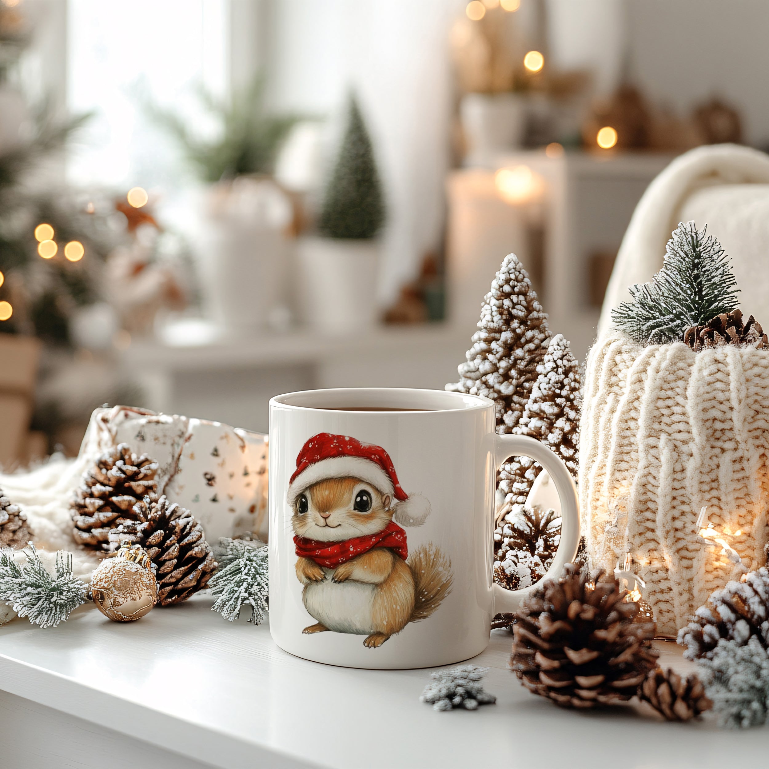 Tasse mit Eichhörnchen-Motiv, rot-weißer Weihnachtsmütze.