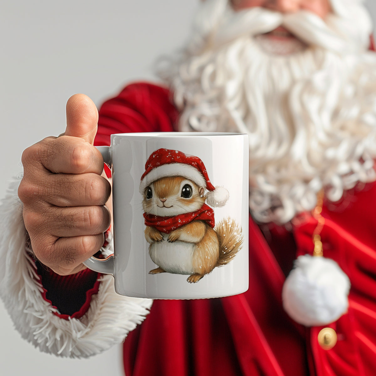 Tasse mit einem lustigen Eichhörnchen im Weihnachtslook.