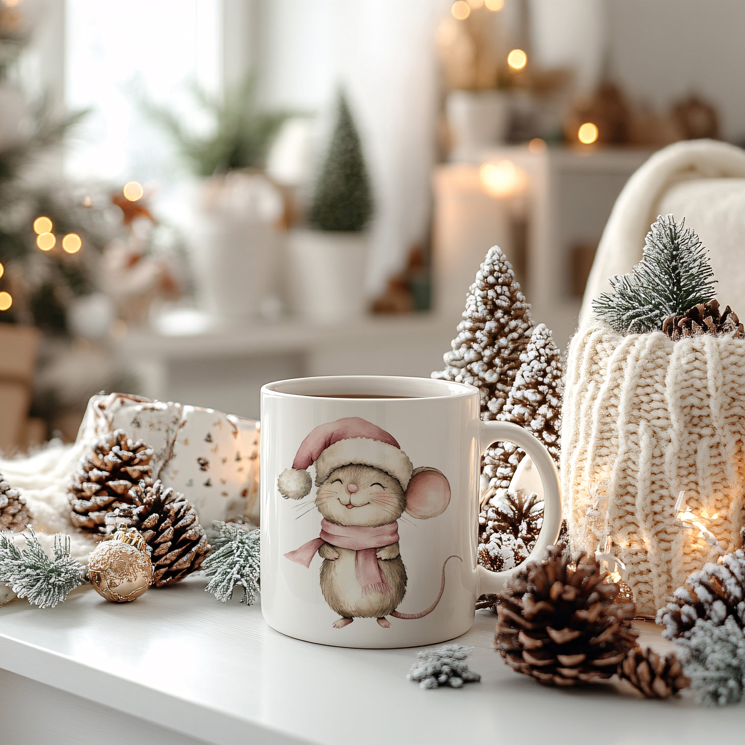 Tasse mit Maus im Weihnachtslook, weiß mit rosa Details.