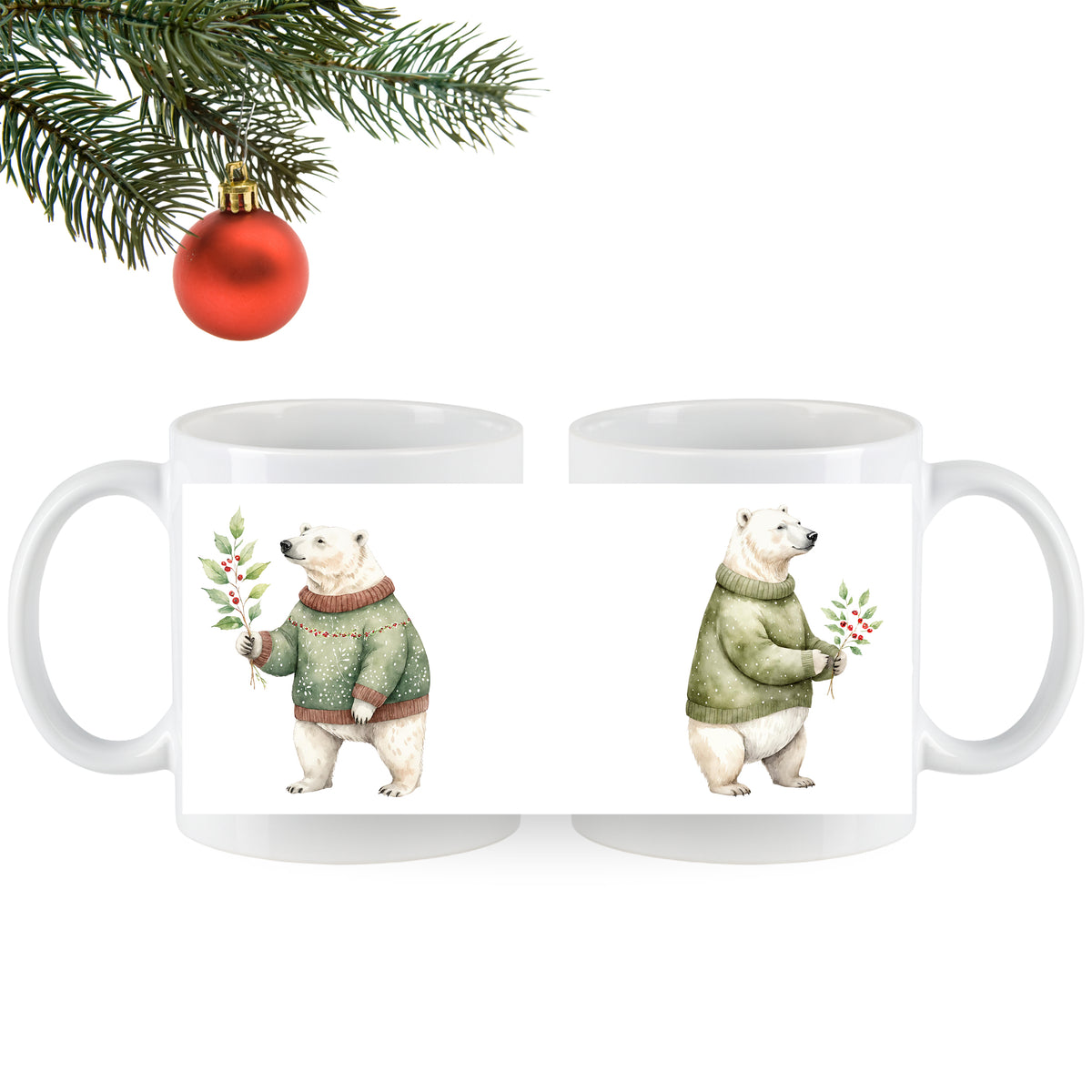 Tasse mit Bären in grünen Pullovern und Weihnachtsdekor.
