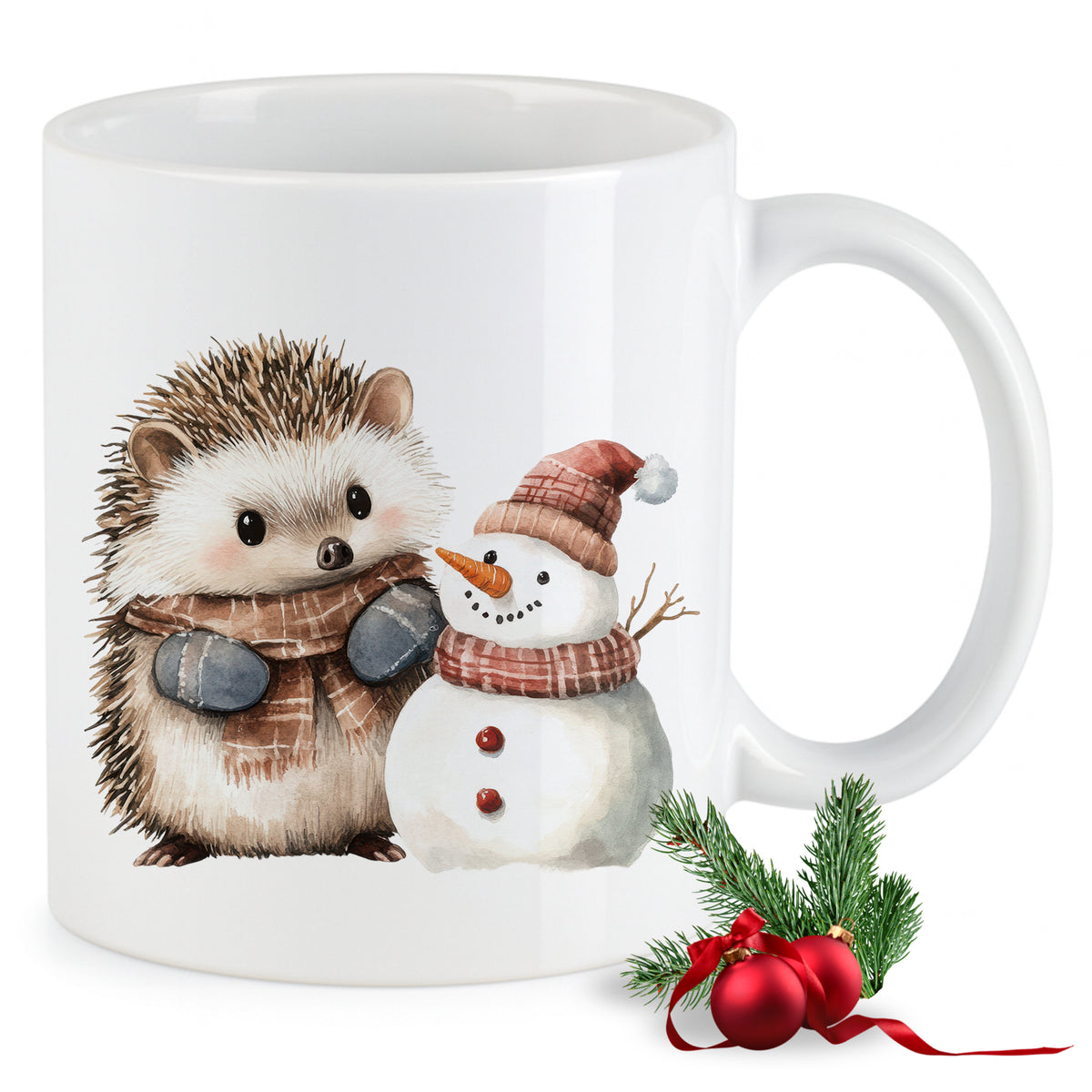 Tasse mit Igel und Schneemann, weihnachtliches Design.