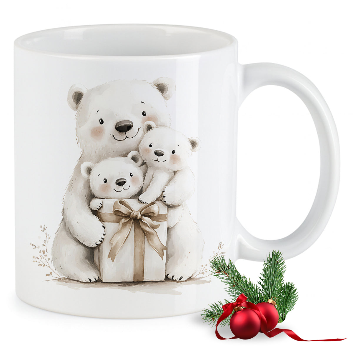 Weiße Tasse mit niedlichen Bären und Geschenk.