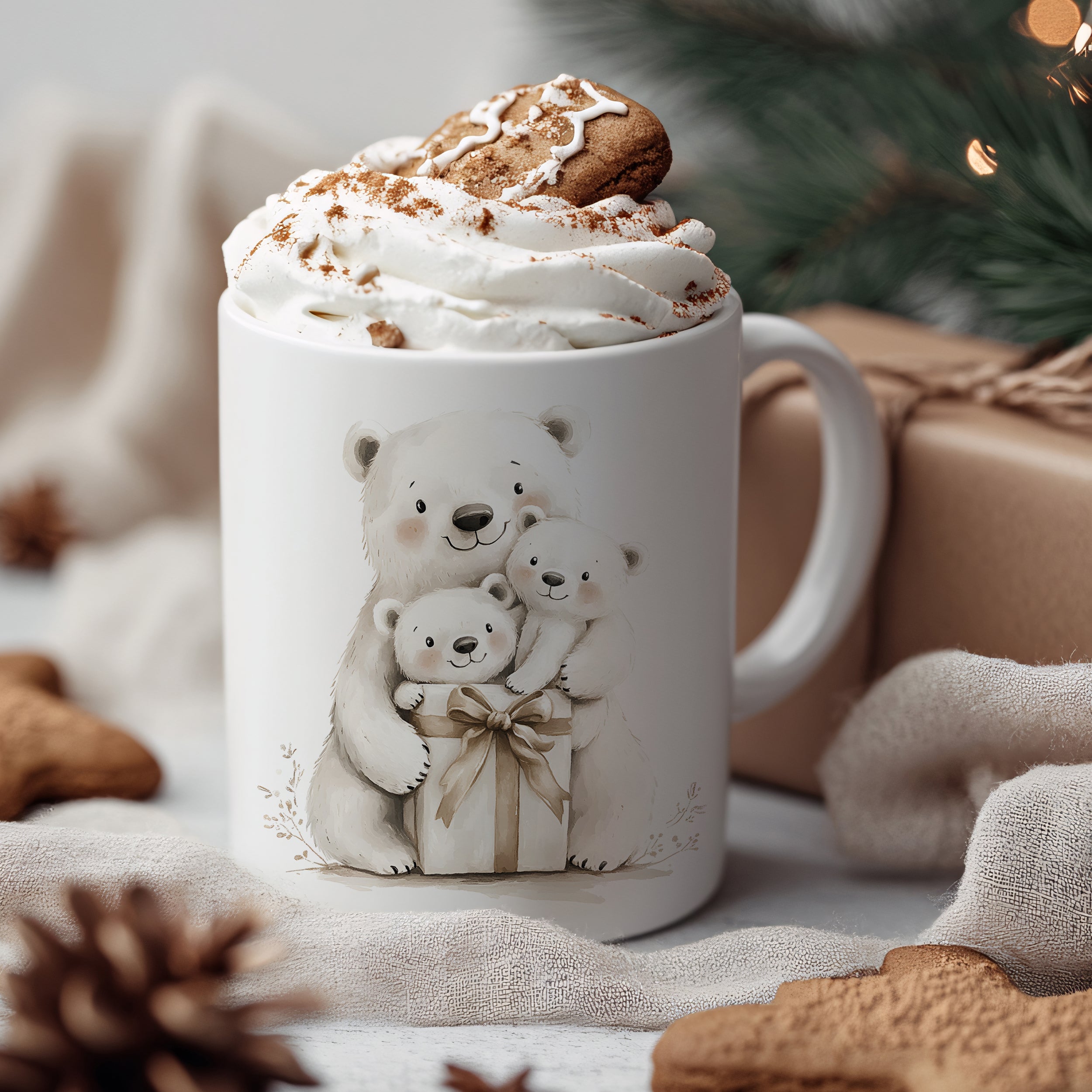 Weißer Becher mit Bärenfamilie und Sahnehaube.