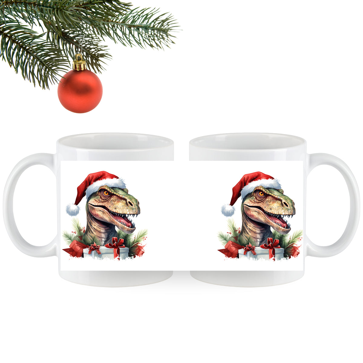 Weißer Kaffeebecher mit Weihnachts-T-Rex und rotem Hut.