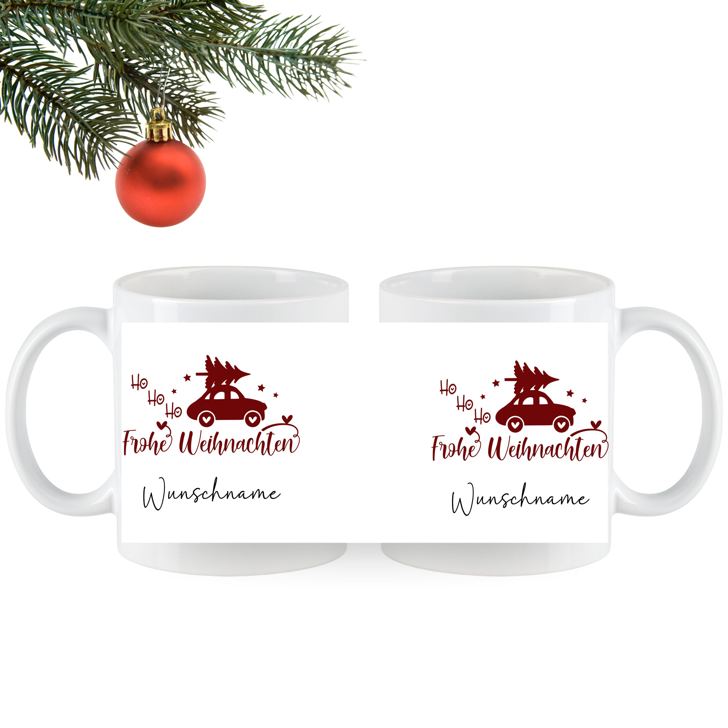 Weiße Tassen mit rotem Weihnachtsdesign und Wunschname.