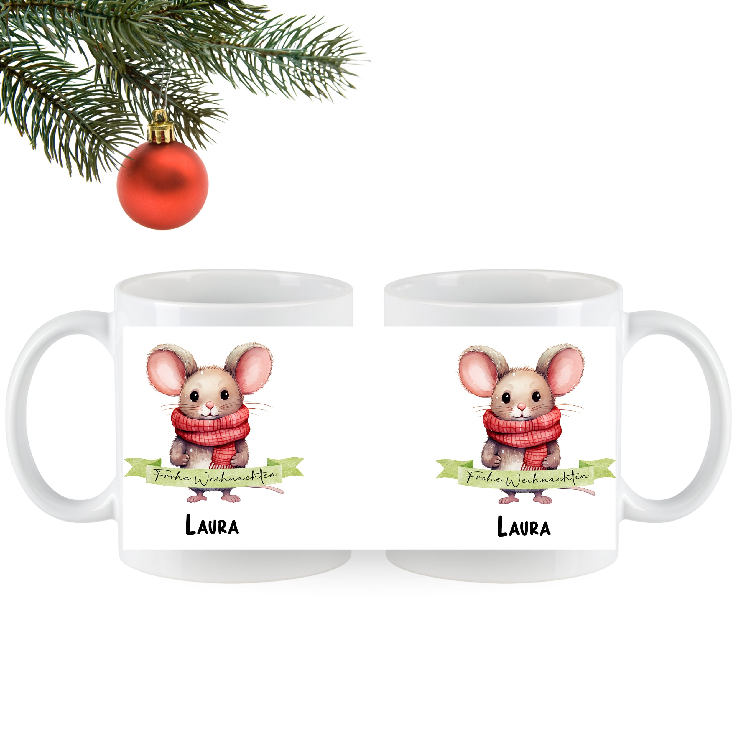 Tassen mit niedlicher Maus und rotem Schal, personalisiert.