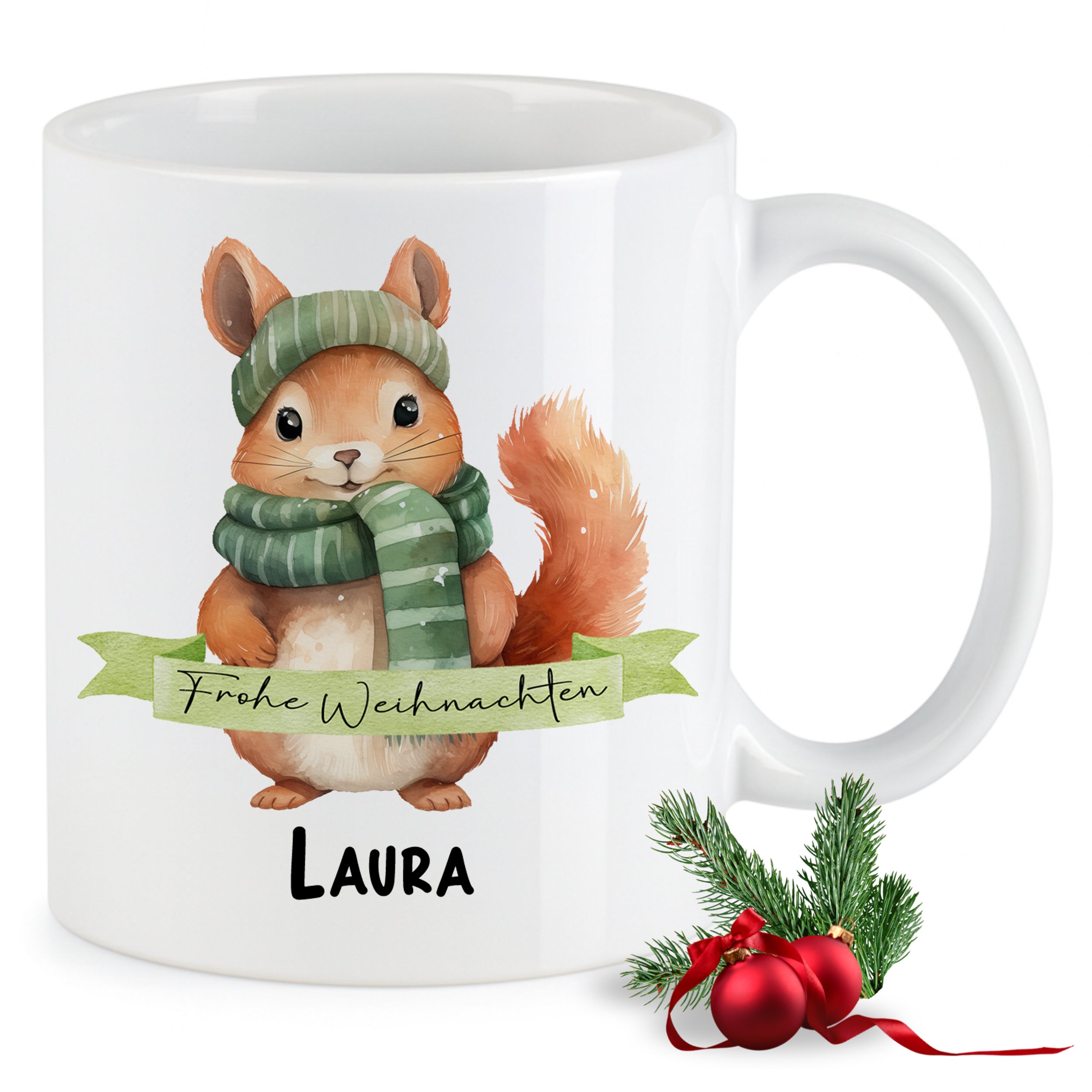 Weißer Kaffeebecher mit Weihnachts-Eichhörnchen und Name Laura.