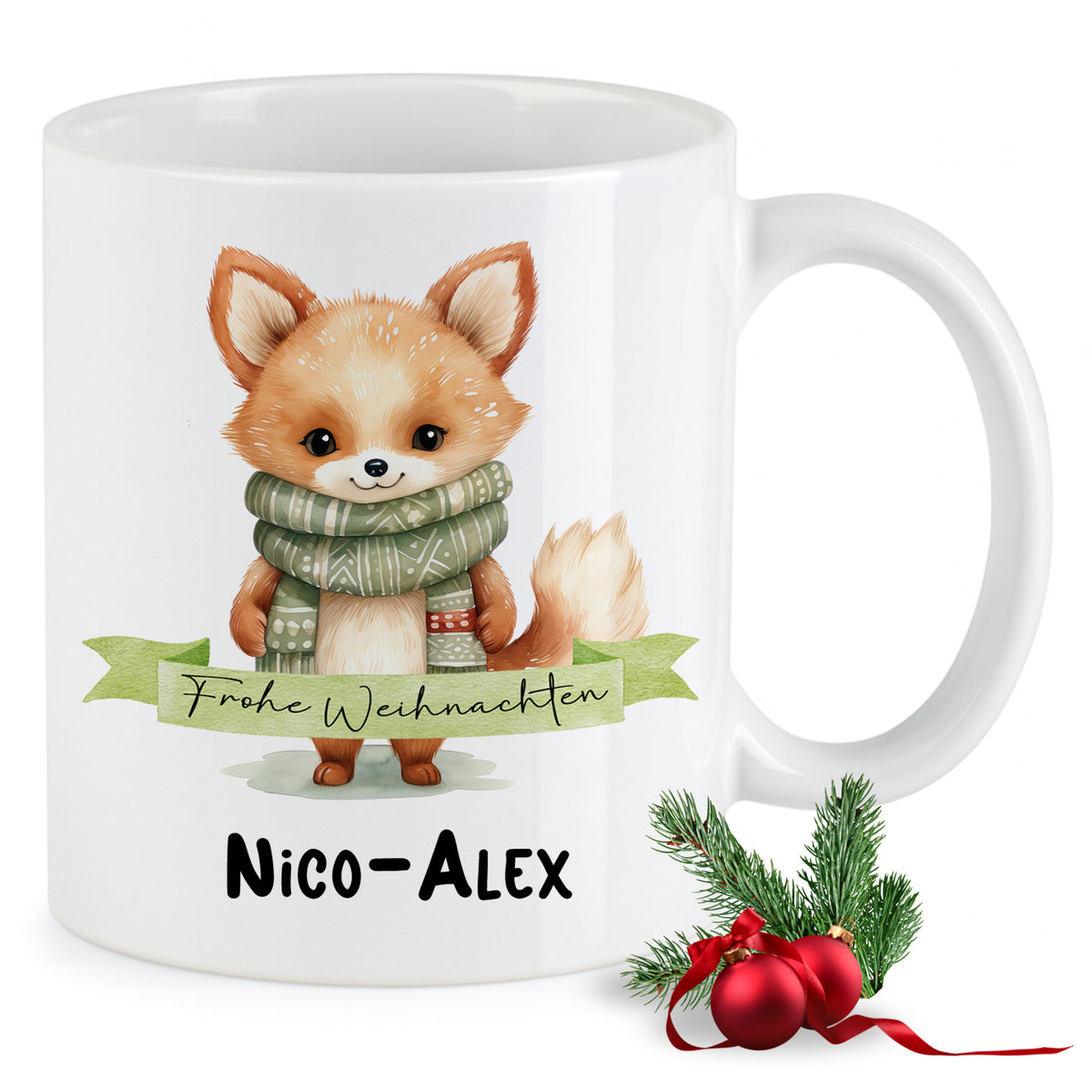 Weißer Weihnachtsbecher mit Fuchs und persönlichem Namen.