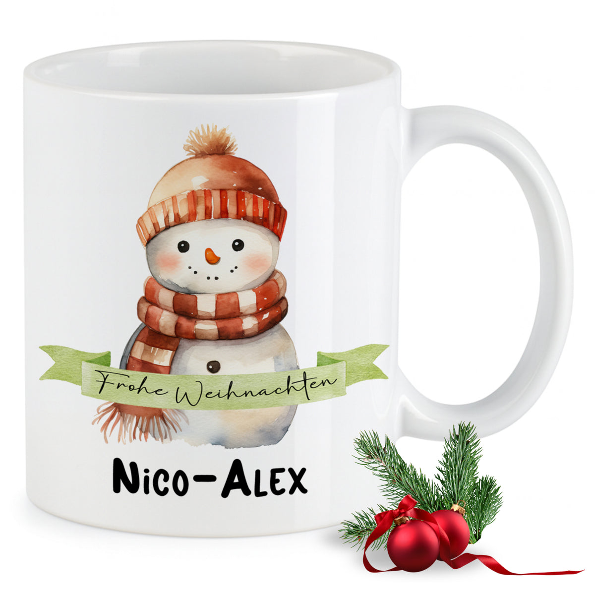Weißer Kaffeebecher mit Schneemann und Weihnachtsgruß.