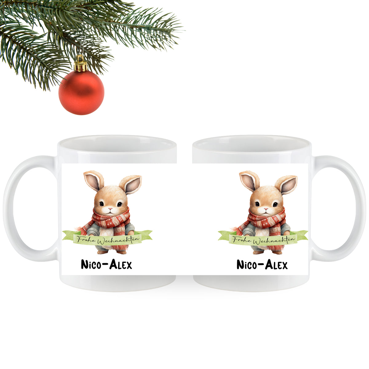 Weihnachtliche Tassen mit niedlichem Hasenmotiv und Namen.
