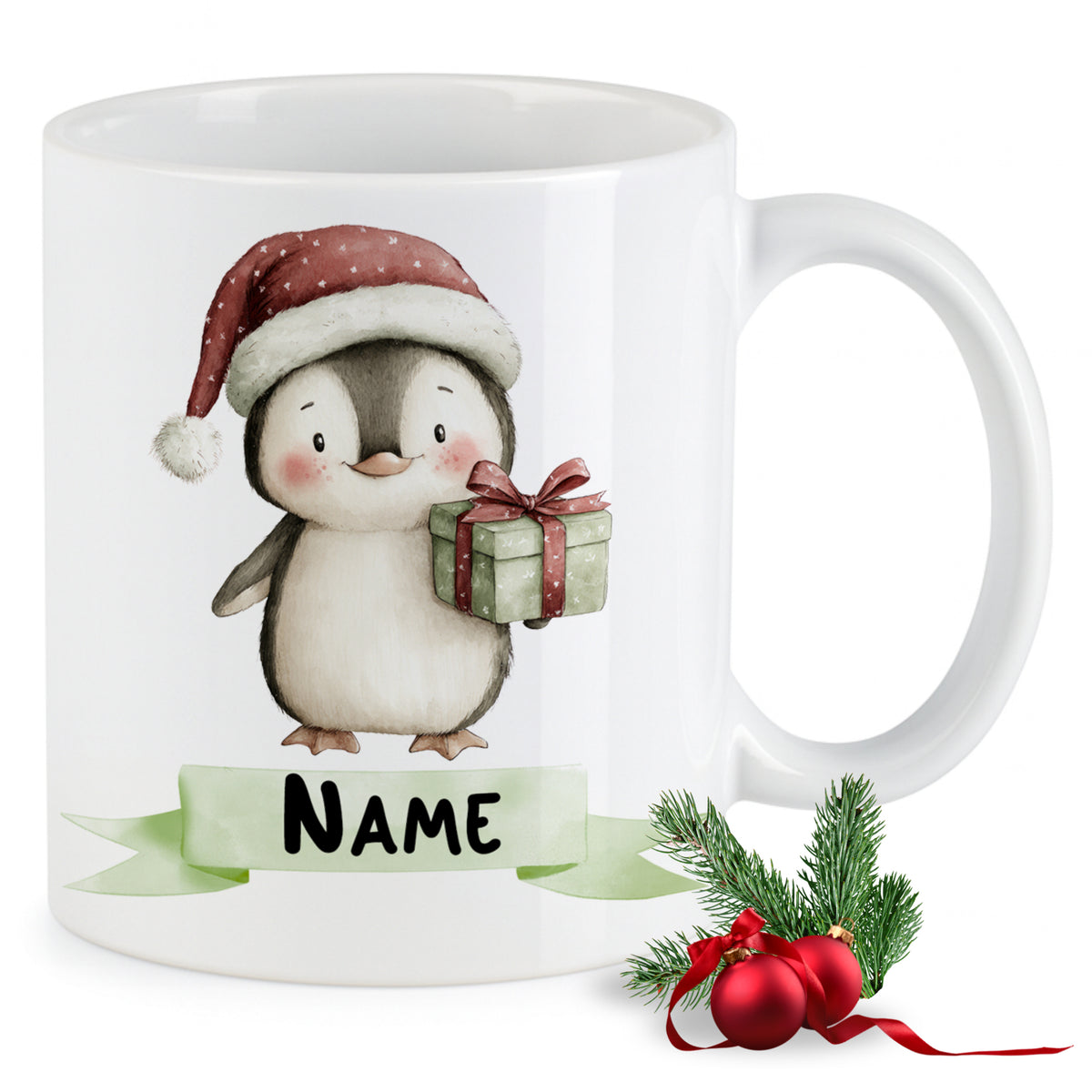 Weißer Becher mit Weihnachts-Pinguin und Geschenk.