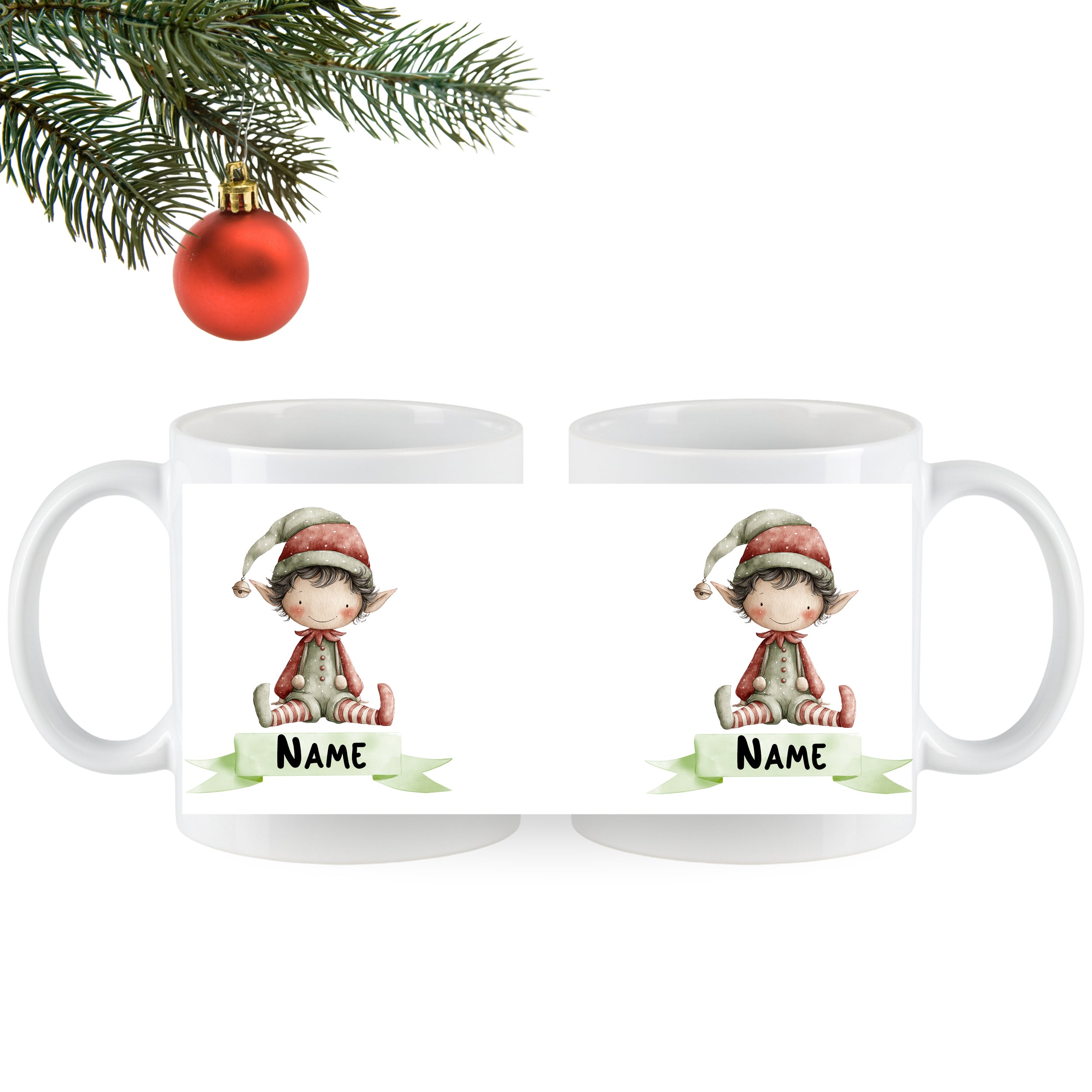 Weiße Tassen mit Weihnachts-Elfen und Platz für Namen.